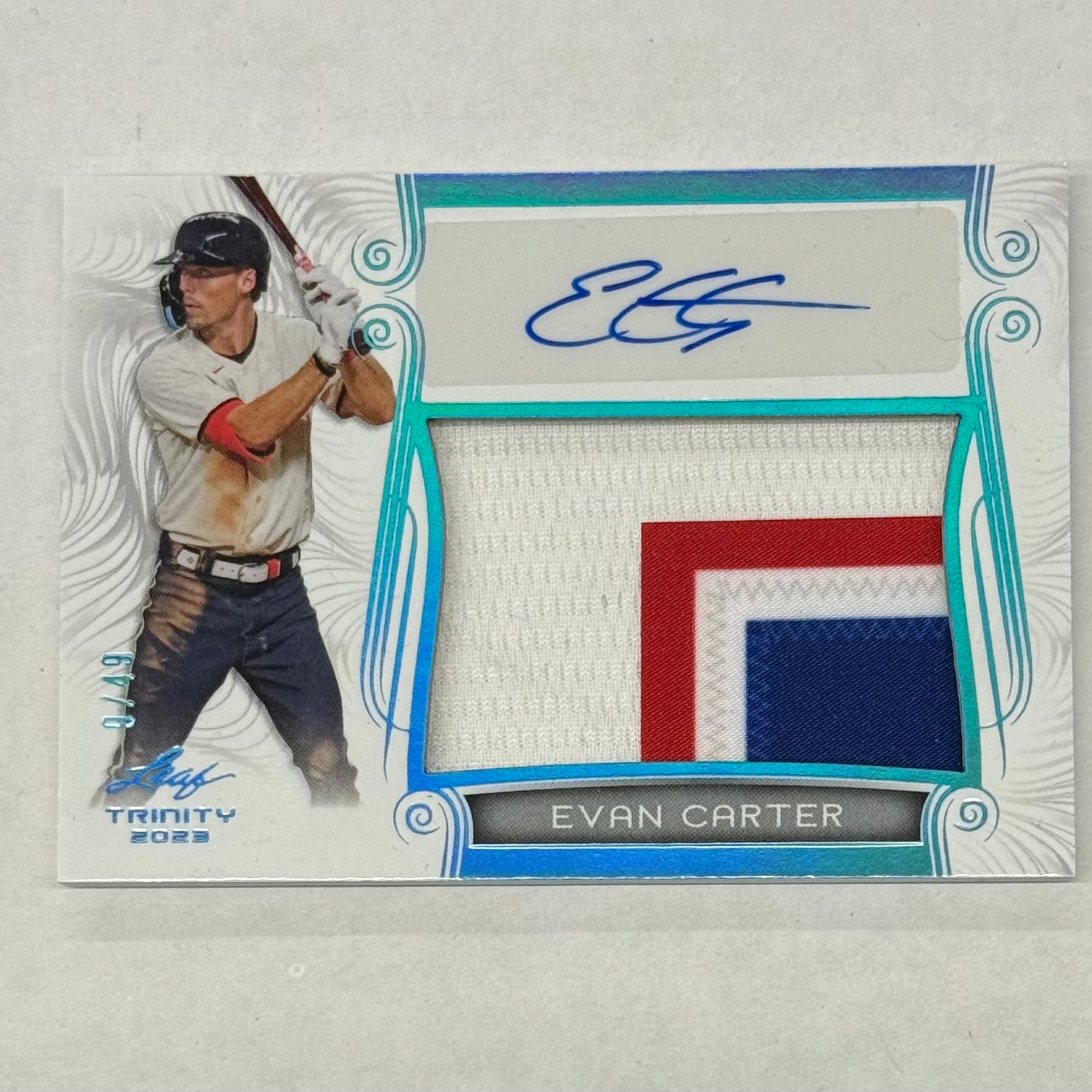 2023 Leaf Evan Carter Patch Autograph Card #PA-EC2 Aqua Numbered 9/49