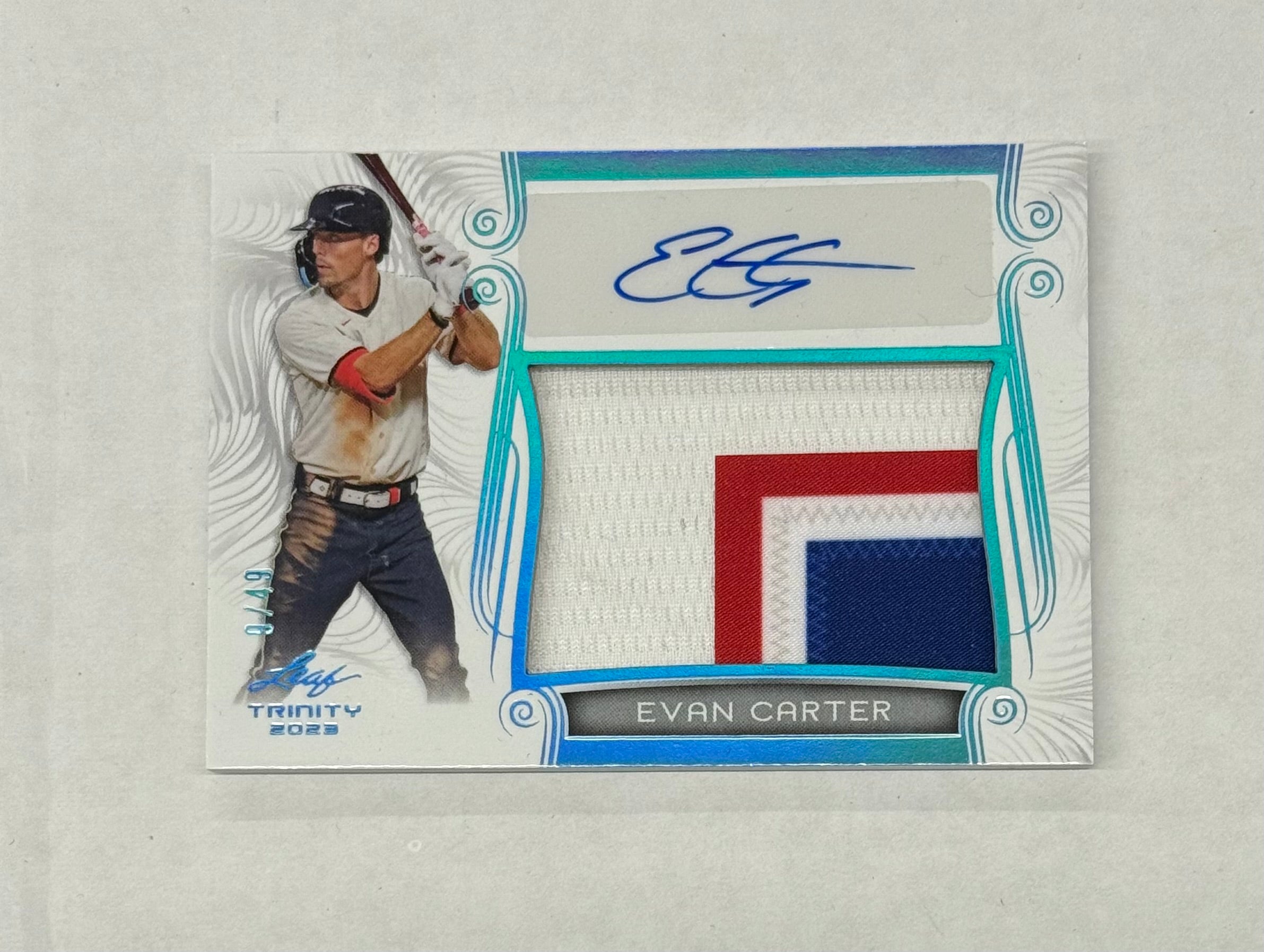 2023 Leaf Evan Carter Patch Autograph Card #PA-EC2 Aqua Numbered 9/49