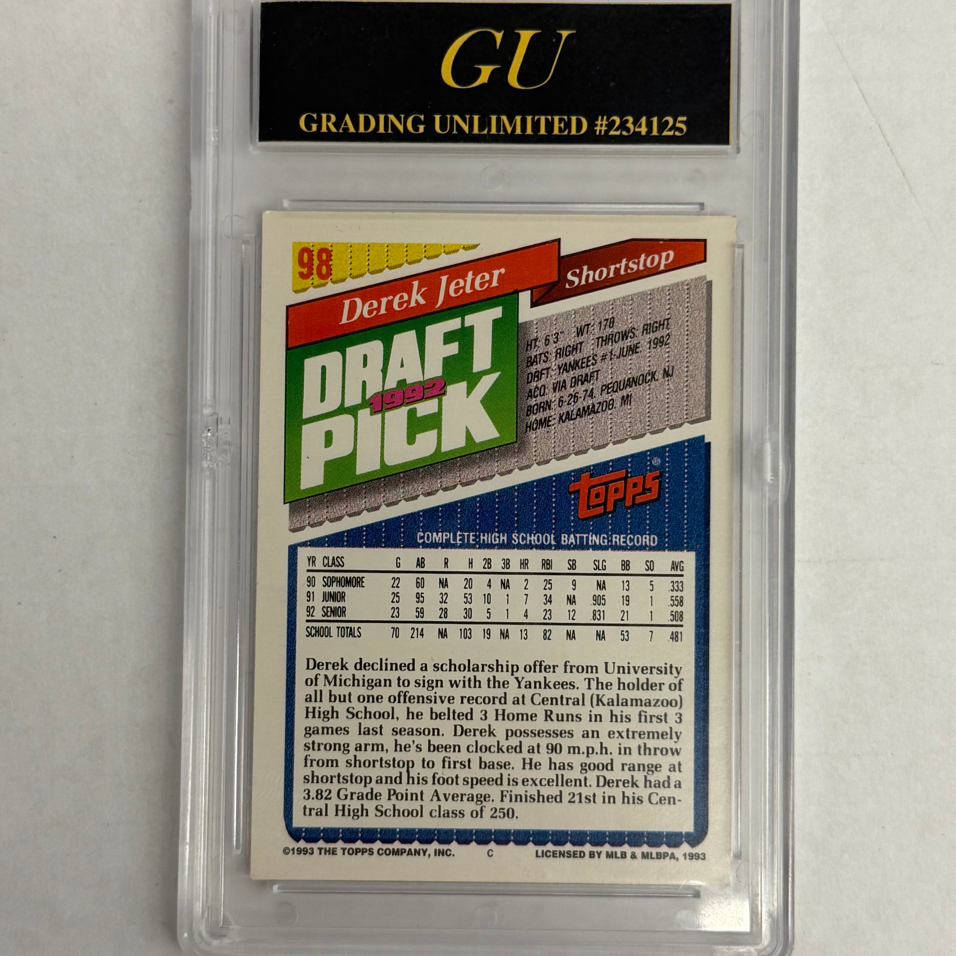 1993 Topps Grading Unlimited 10 GEM MINT Derek Jeter Rookie Card #98