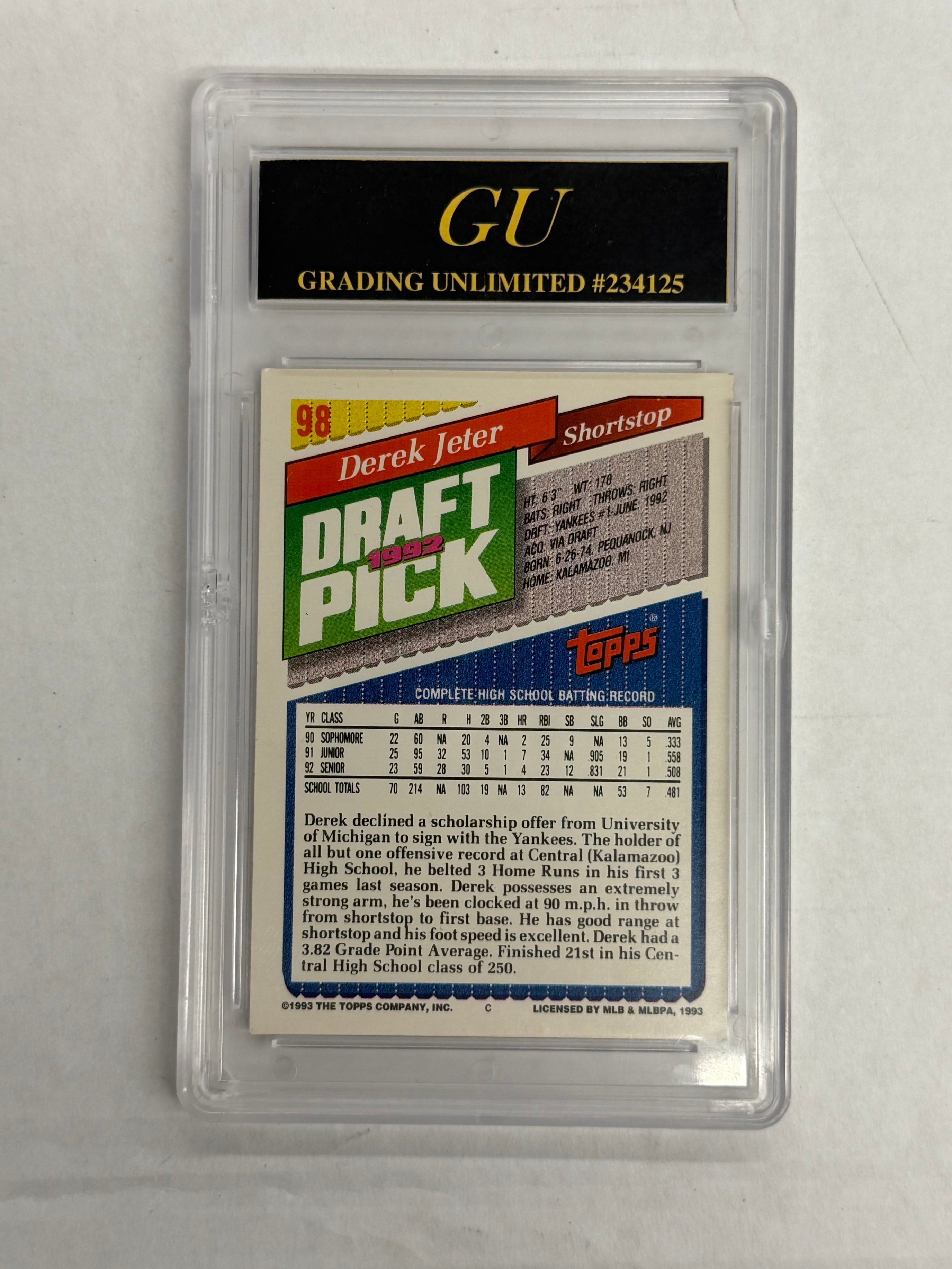 1993 Topps Grading Unlimited 10 GEM MINT Derek Jeter Rookie Card #98