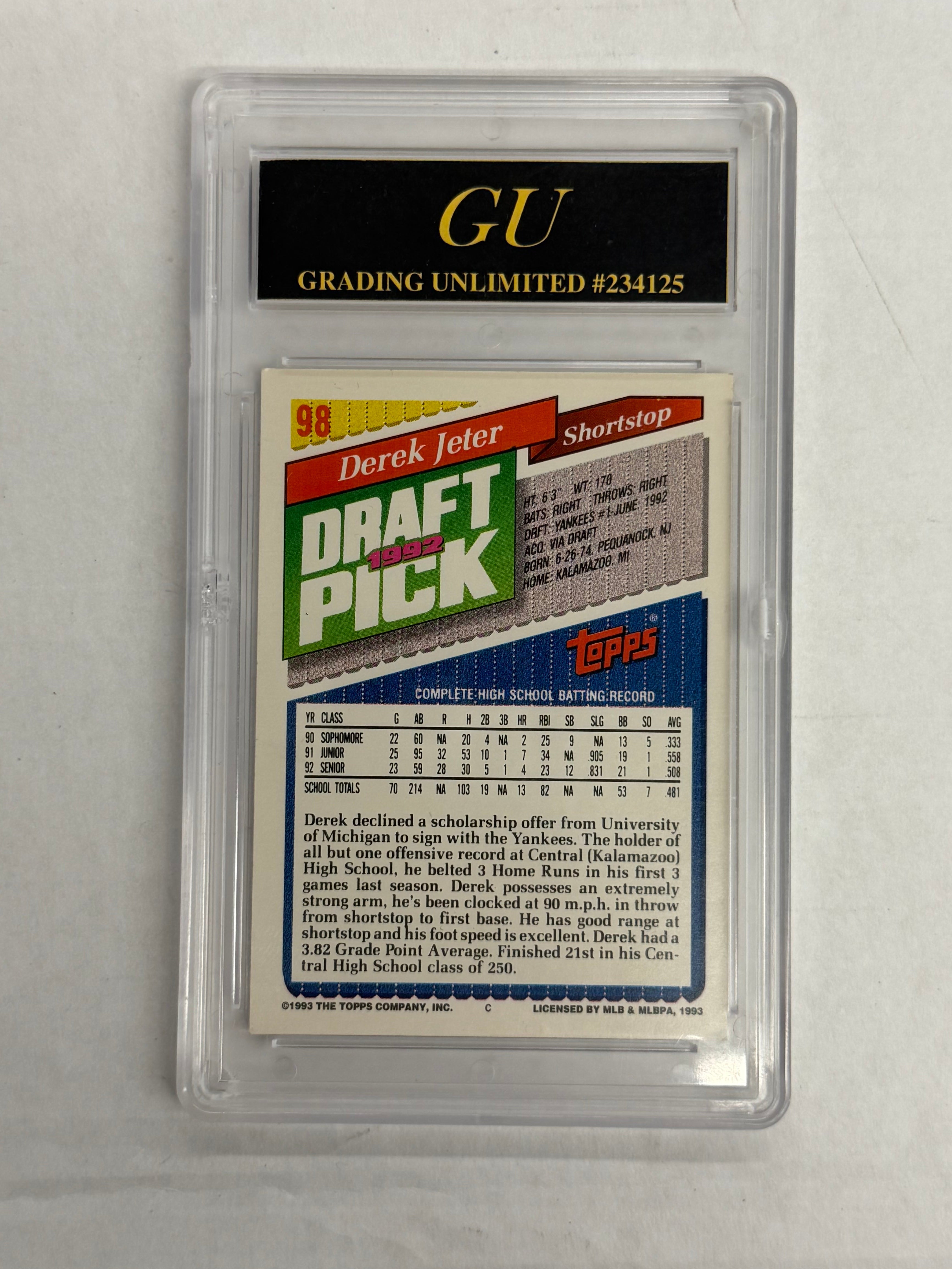 1993 Topps Grading Unlimited 10 GEM MINT Derek Jeter Rookie Card #98