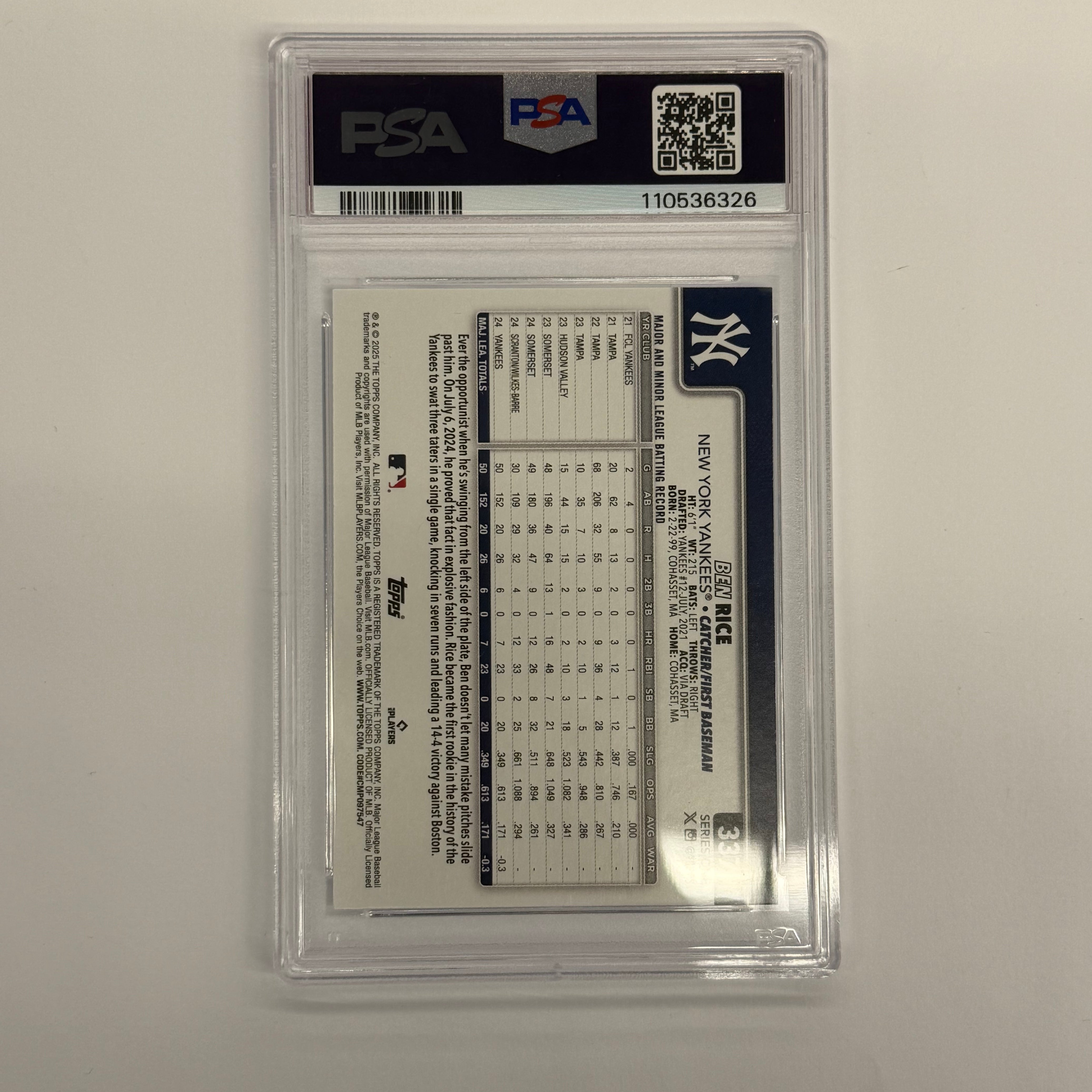 2025 Topps Series One PSA 9 MINT Ben Rice #337