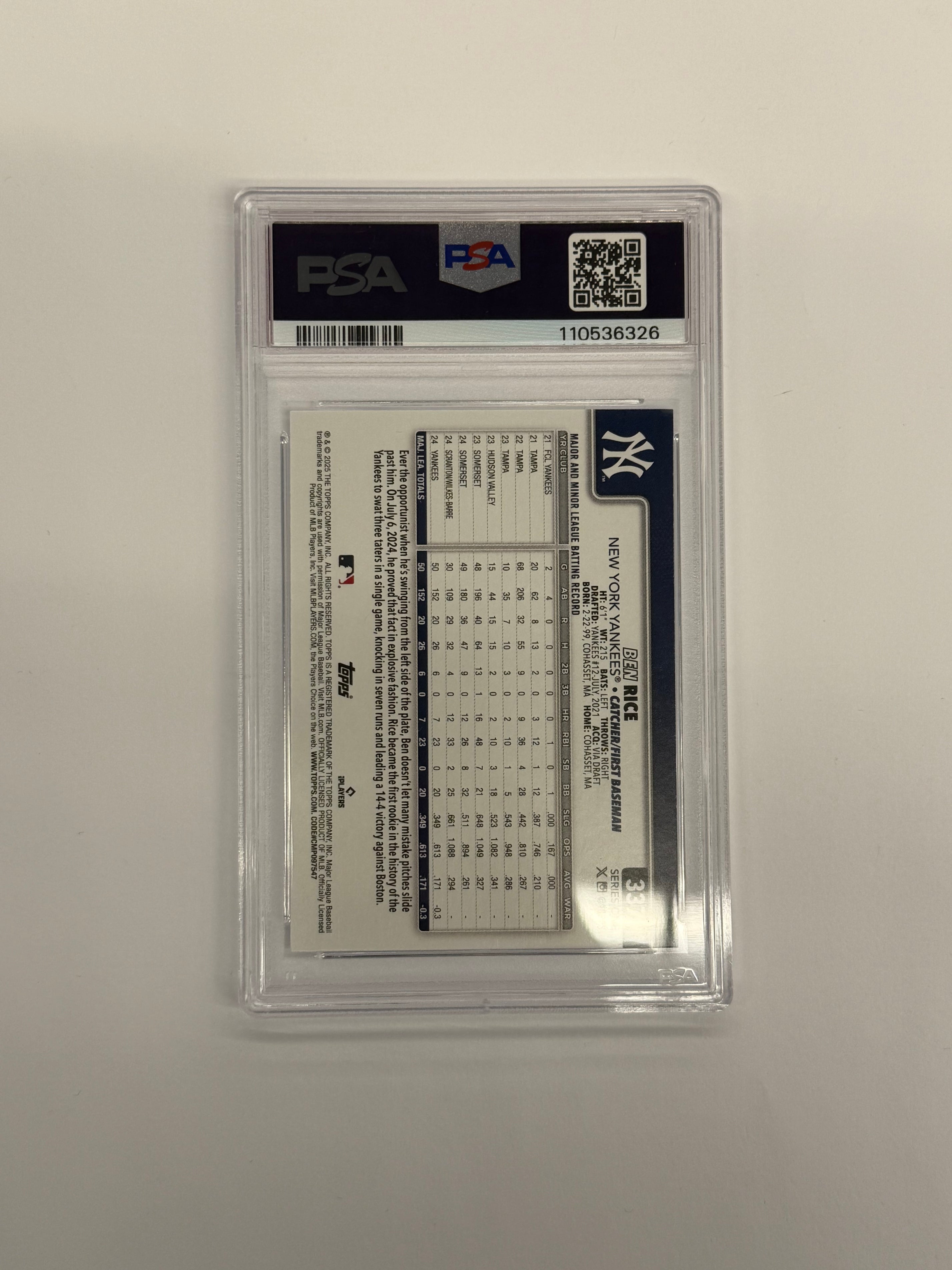 2025 Topps Series One PSA 9 MINT Ben Rice #337