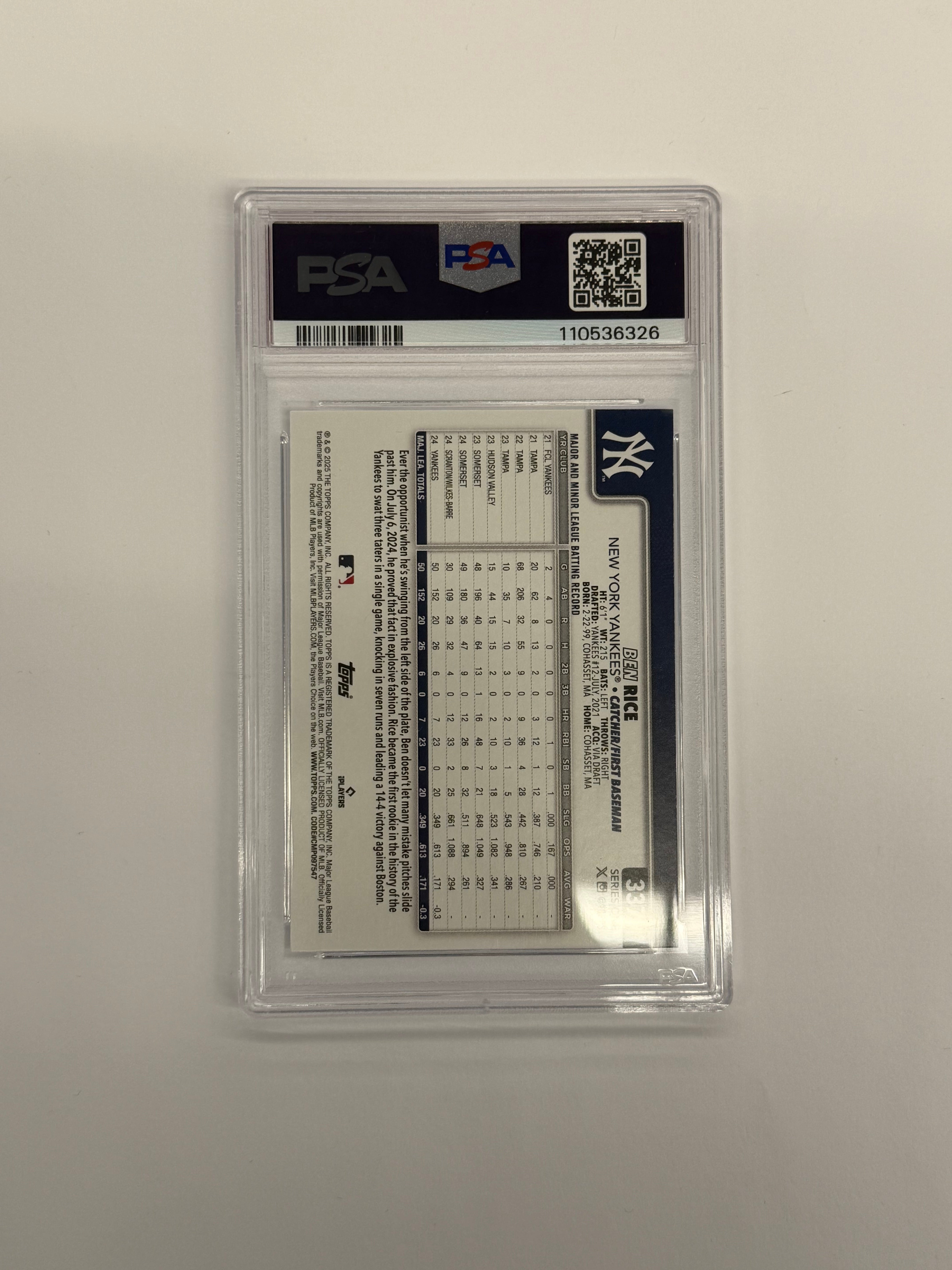 2025 Topps Series One PSA 9 MINT Ben Rice #337