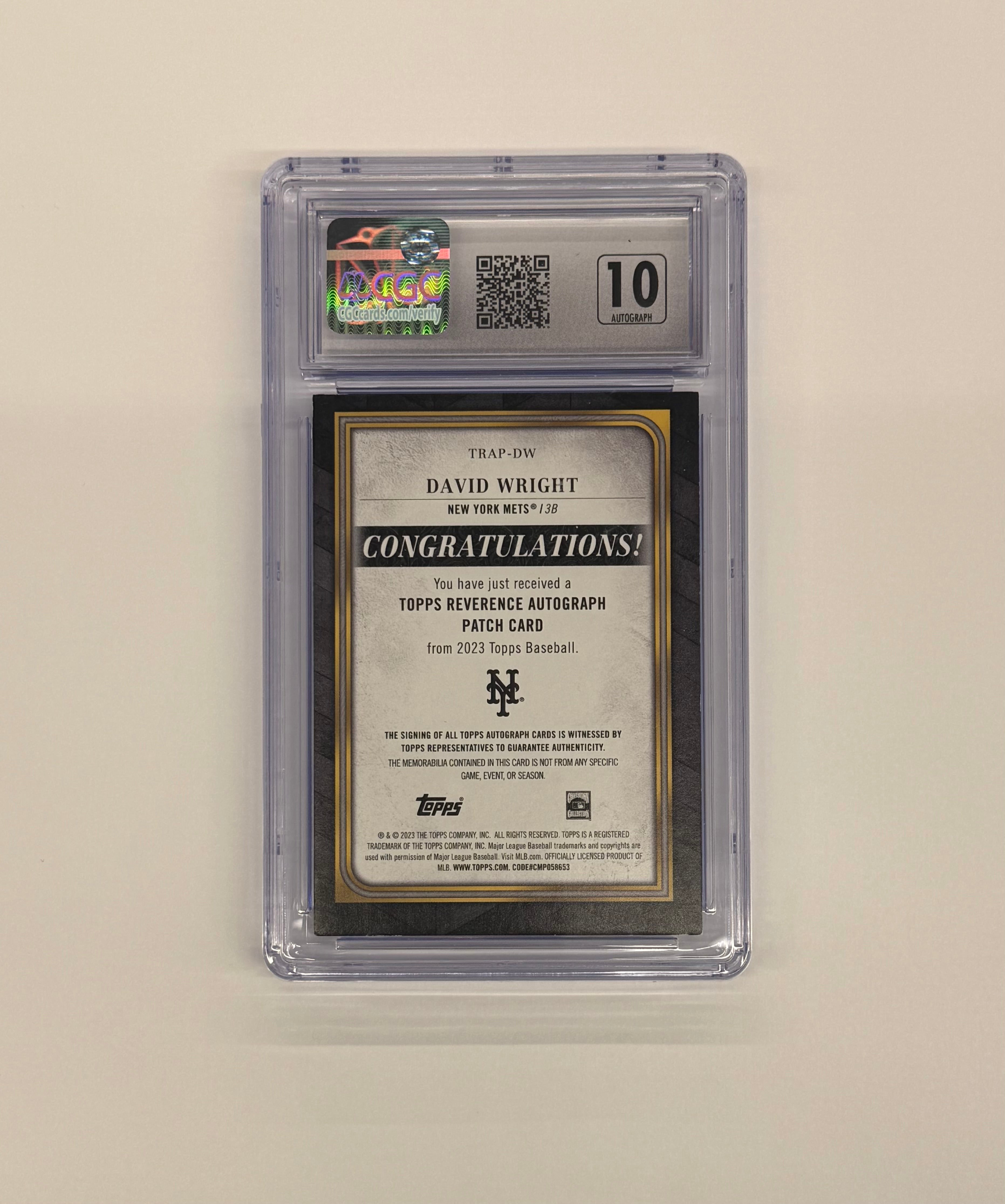 2023 Topps CGC 8 NM/MINT David Wright Reverence Autogaph Patch Card #TRAP-DW Numbered 3/5