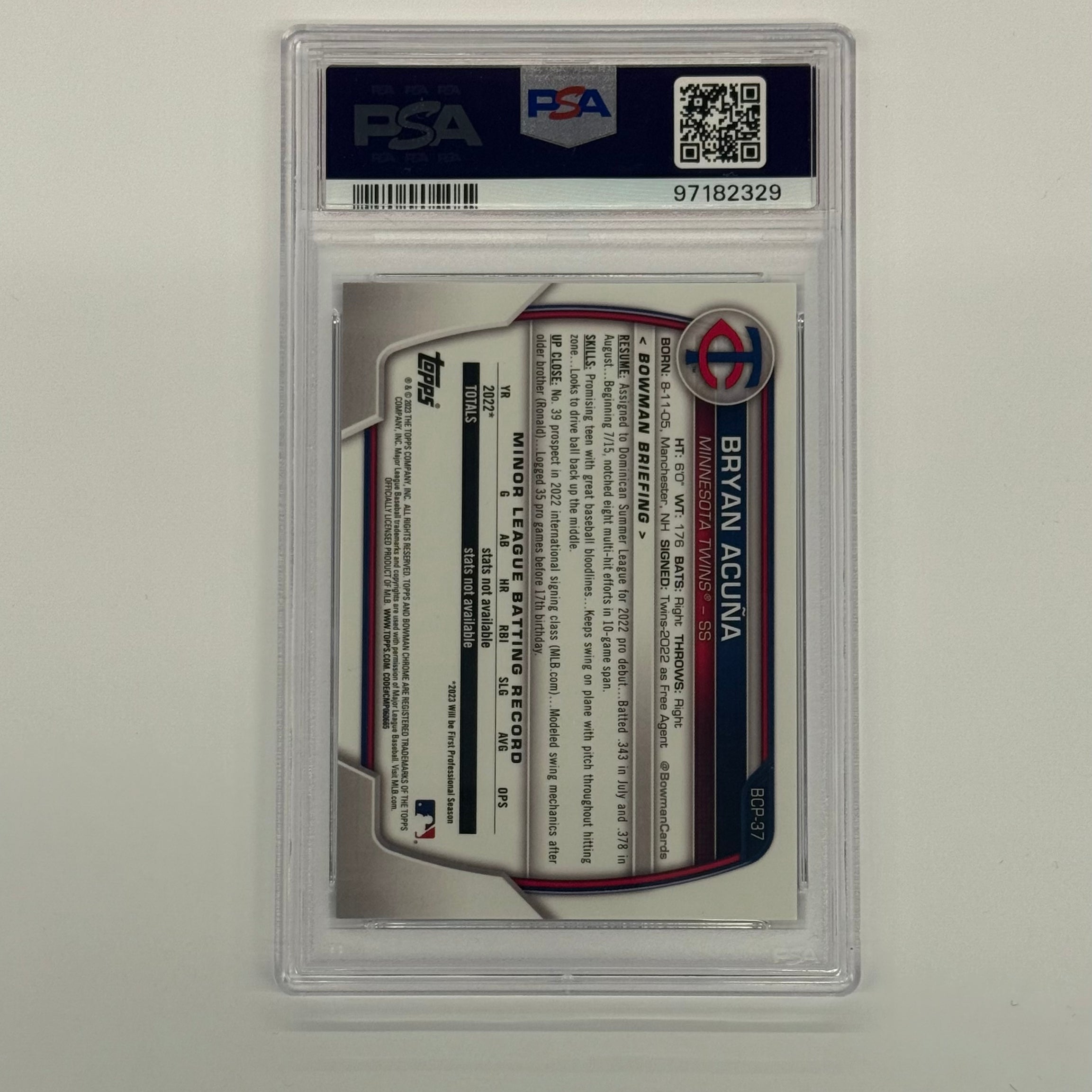 2023 Bowman Chrome PSA 10 GEM MT Bryan Acuna #BCP-37 Fuchsia Crater Refractor Numbered 169/199