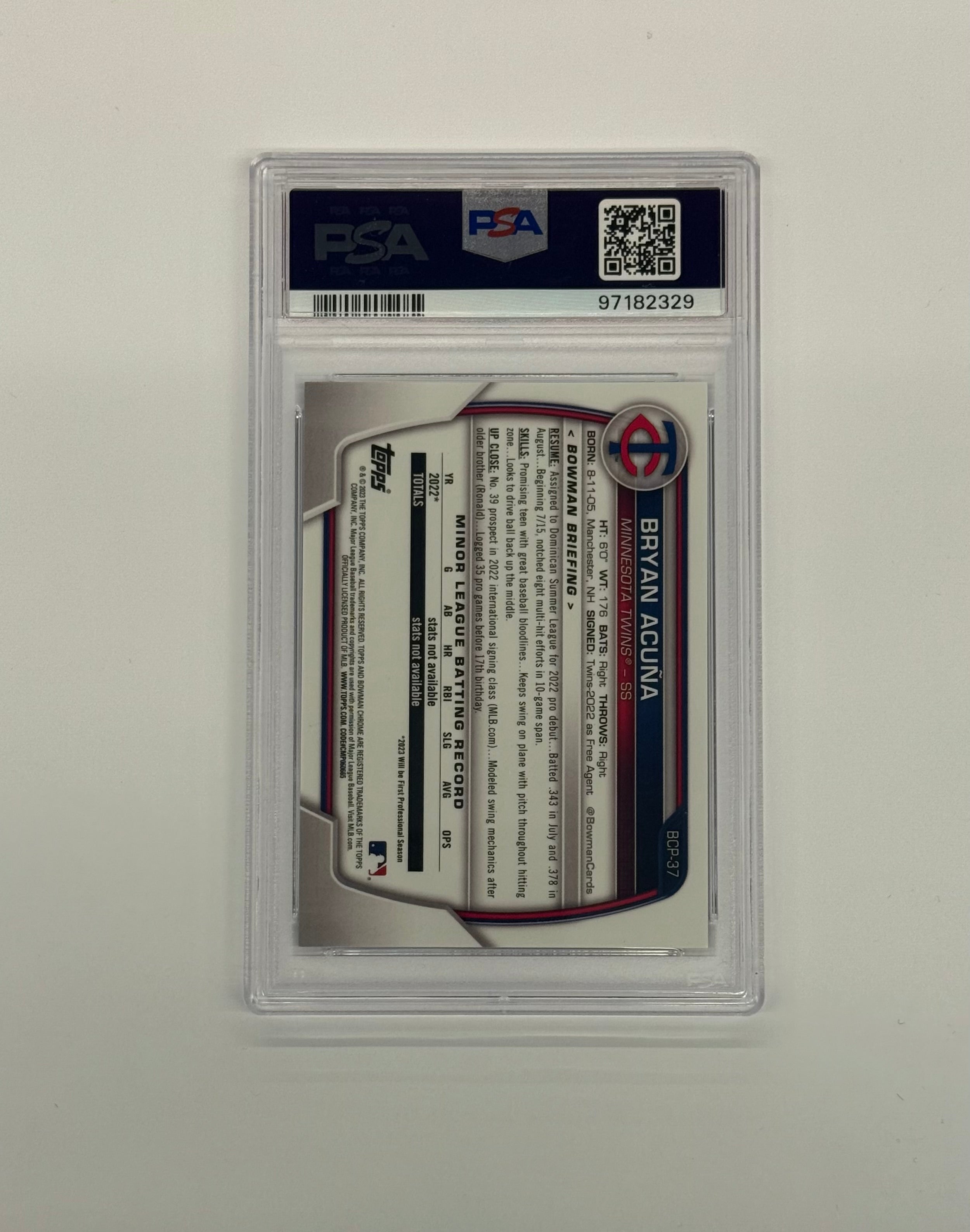 2023 Bowman Chrome PSA 10 GEM MT Bryan Acuna #BCP-37 Fuchsia Crater Refractor Numbered 169/199