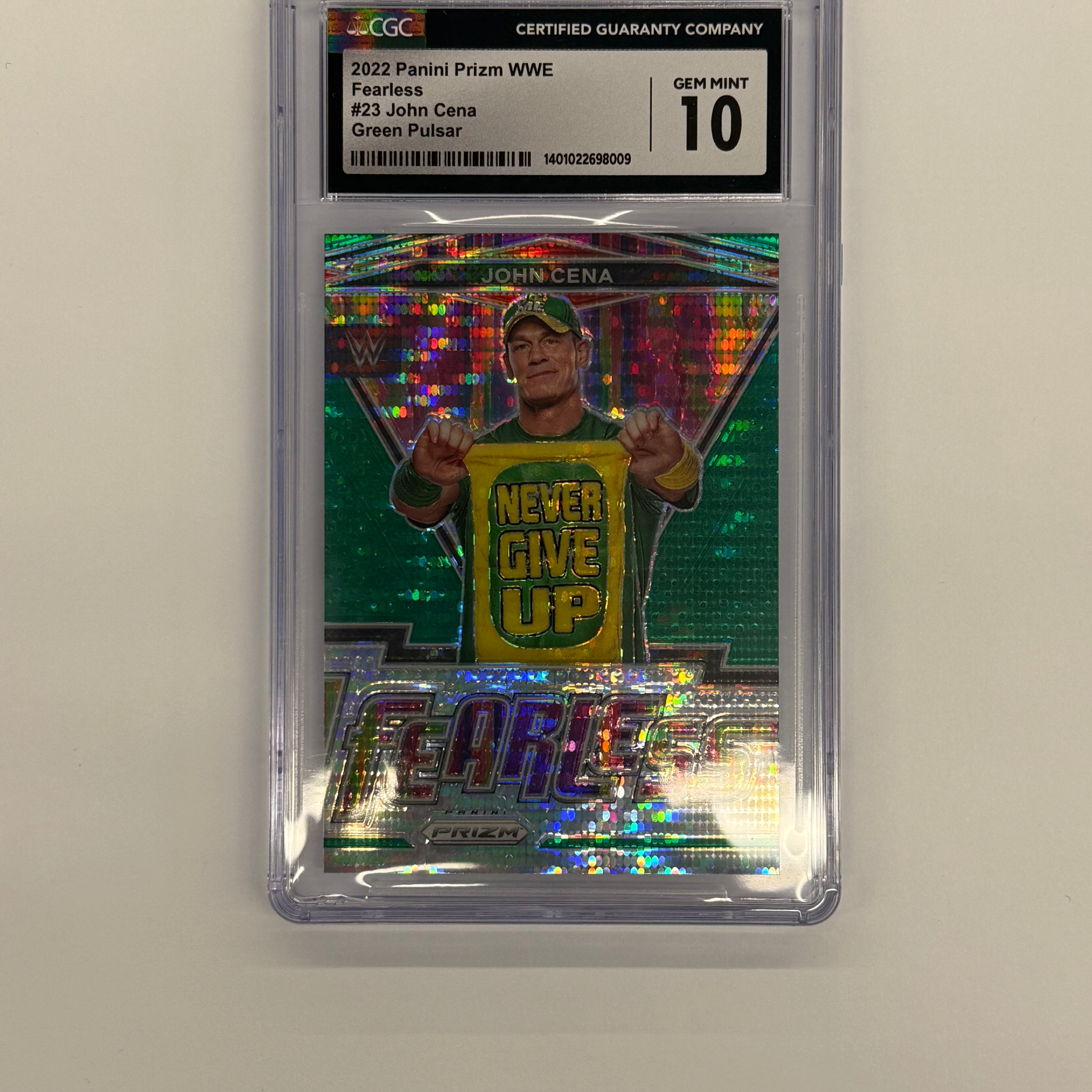 2022 Panini Prizm WWE CGC 10 GEM MINT John Cena Fearless #23 Green Pulsar Numbered 01/25