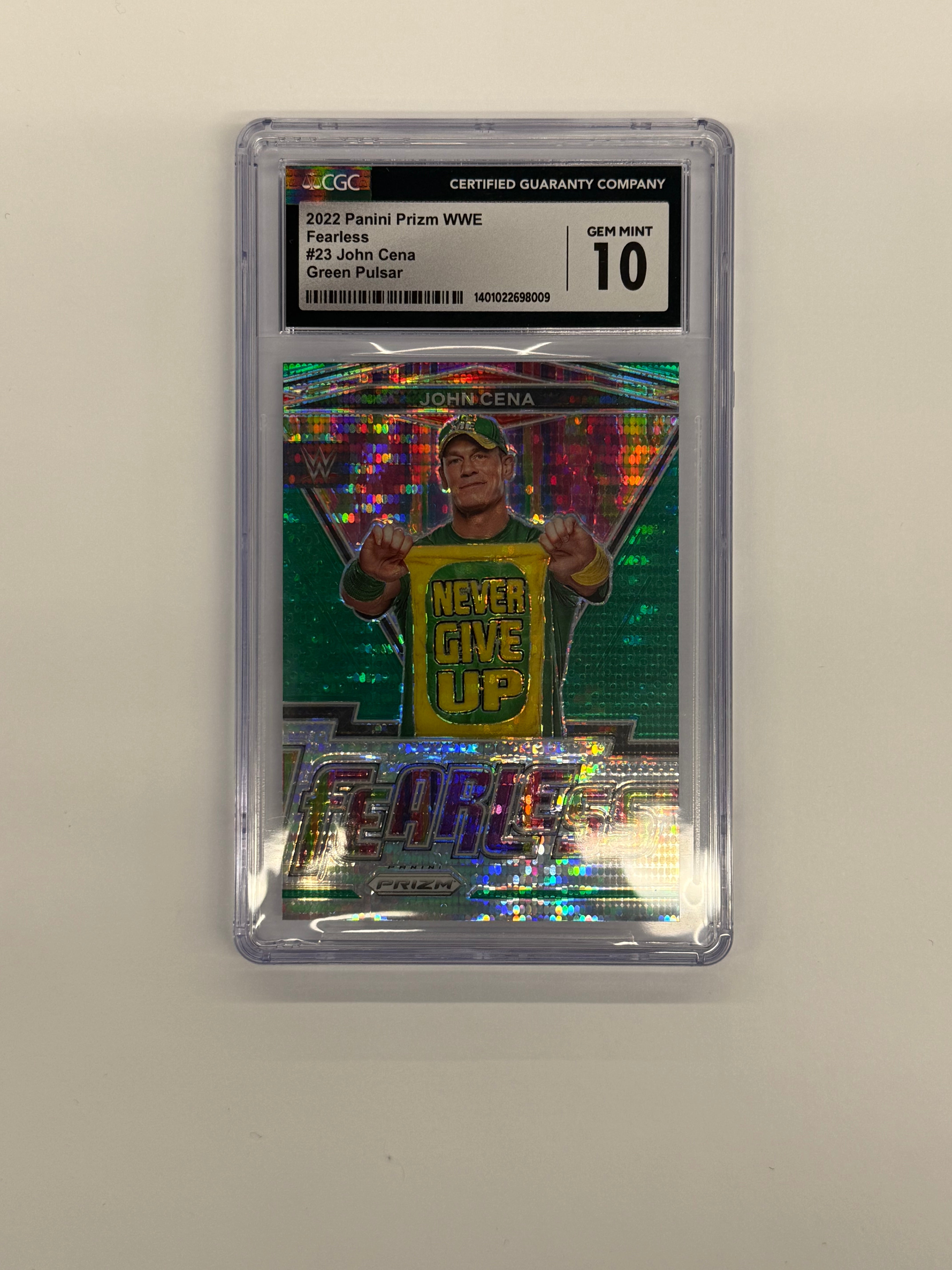 2022 Panini Prizm WWE CGC 10 GEM MINT John Cena Fearless #23 Green Pulsar Numbered 01/25