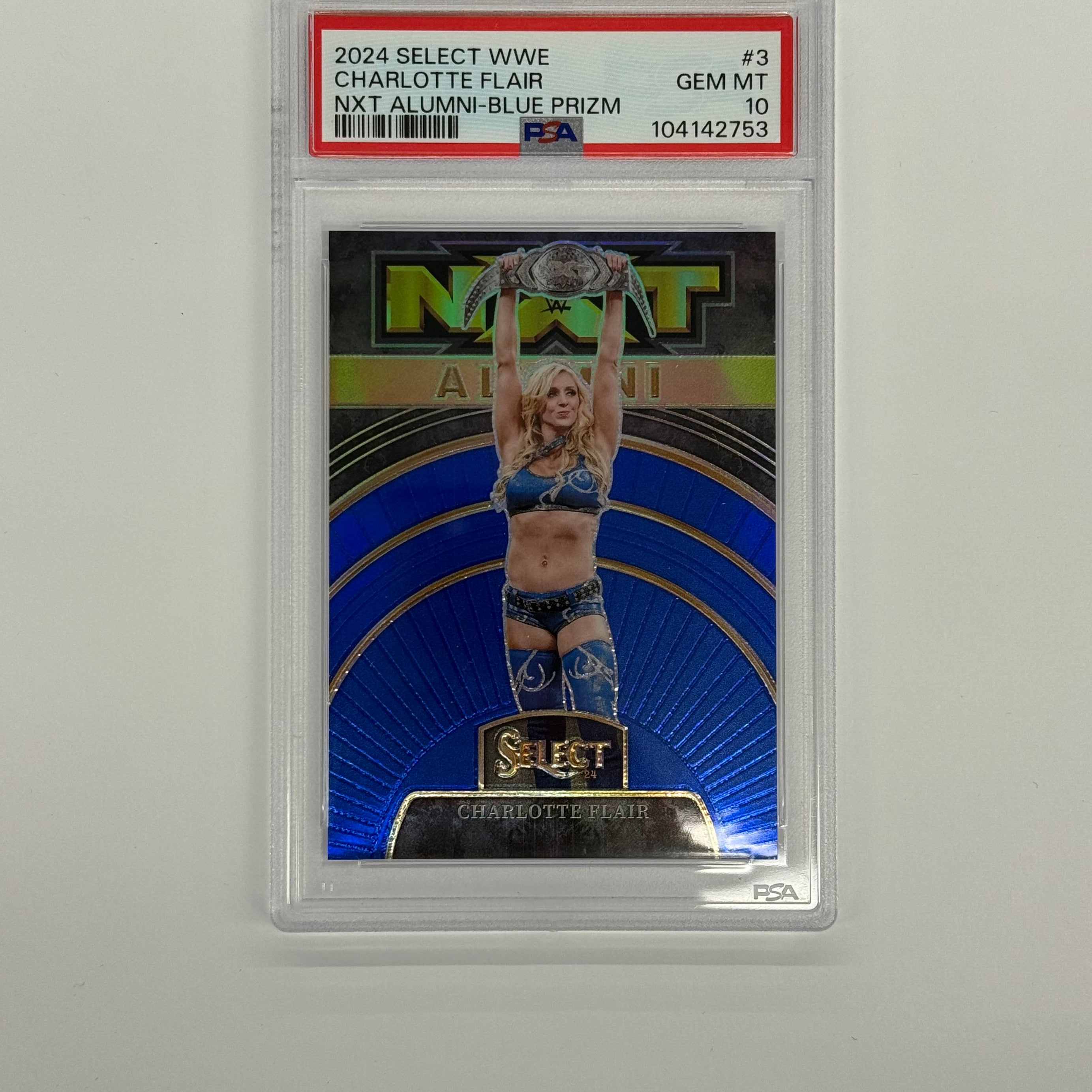 2024 Panini Select WWE PSA 10 GEM MT Charlotte Flair NXT Alumni #3 Blue Prizm Numbered 33/49