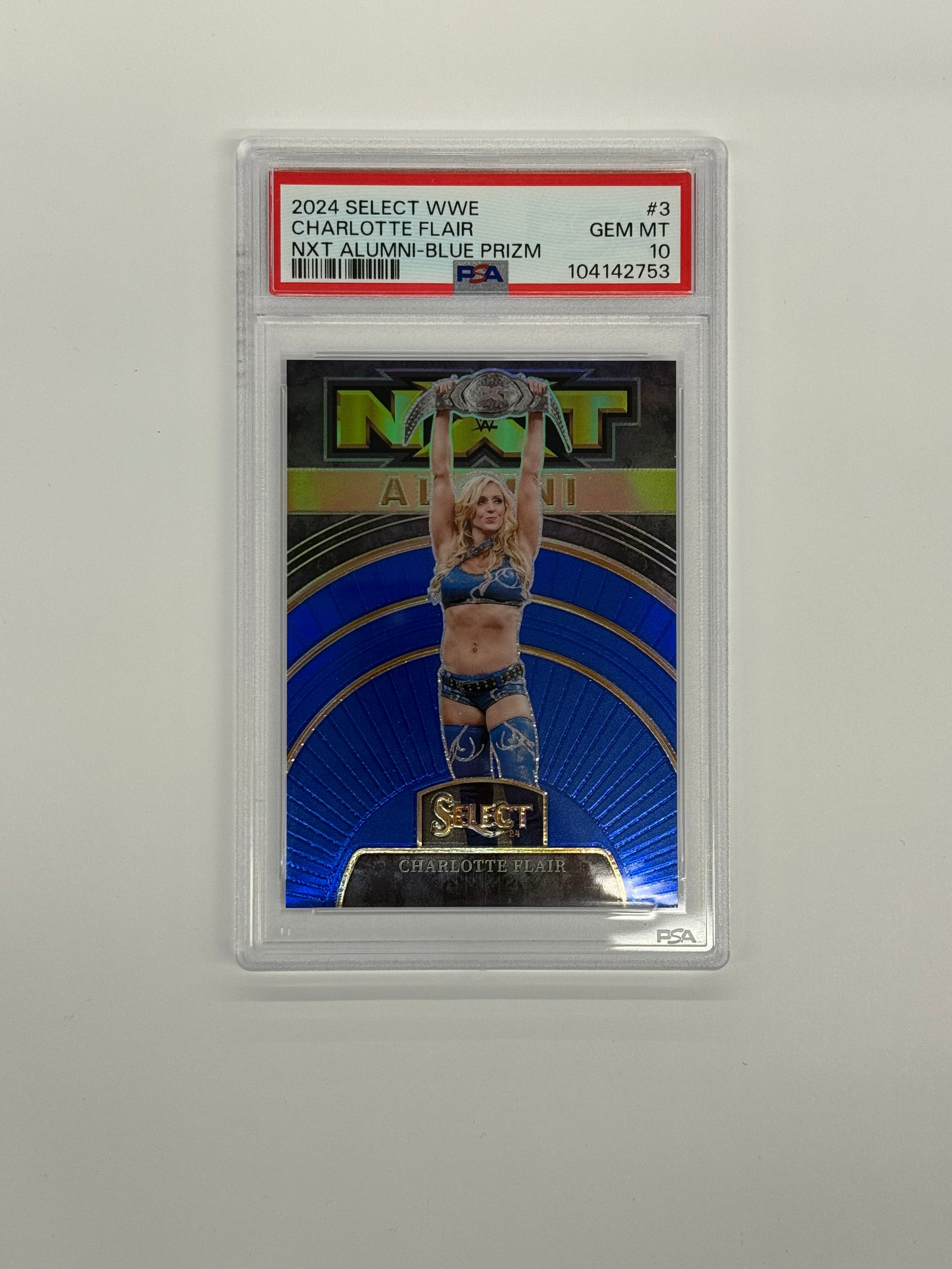 2024 Panini Select WWE PSA 10 GEM MT Charlotte Flair NXT Alumni #3 Blue Prizm Numbered 33/49