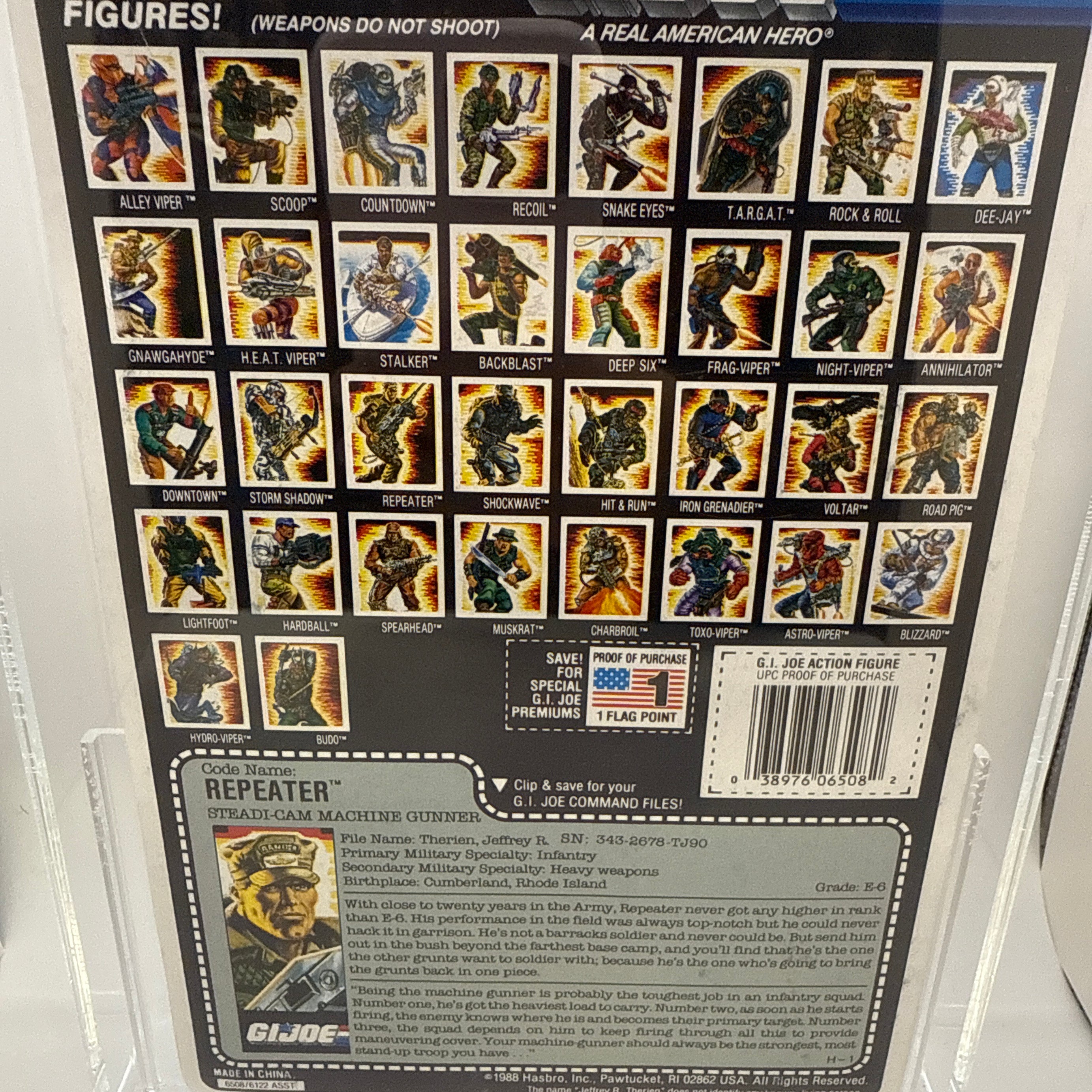 Hasbro G.I. Joe Vintage 1988 Code Name: Repeater Steadi Cam Machine Gunner 34 Back Punched Card Action Figure