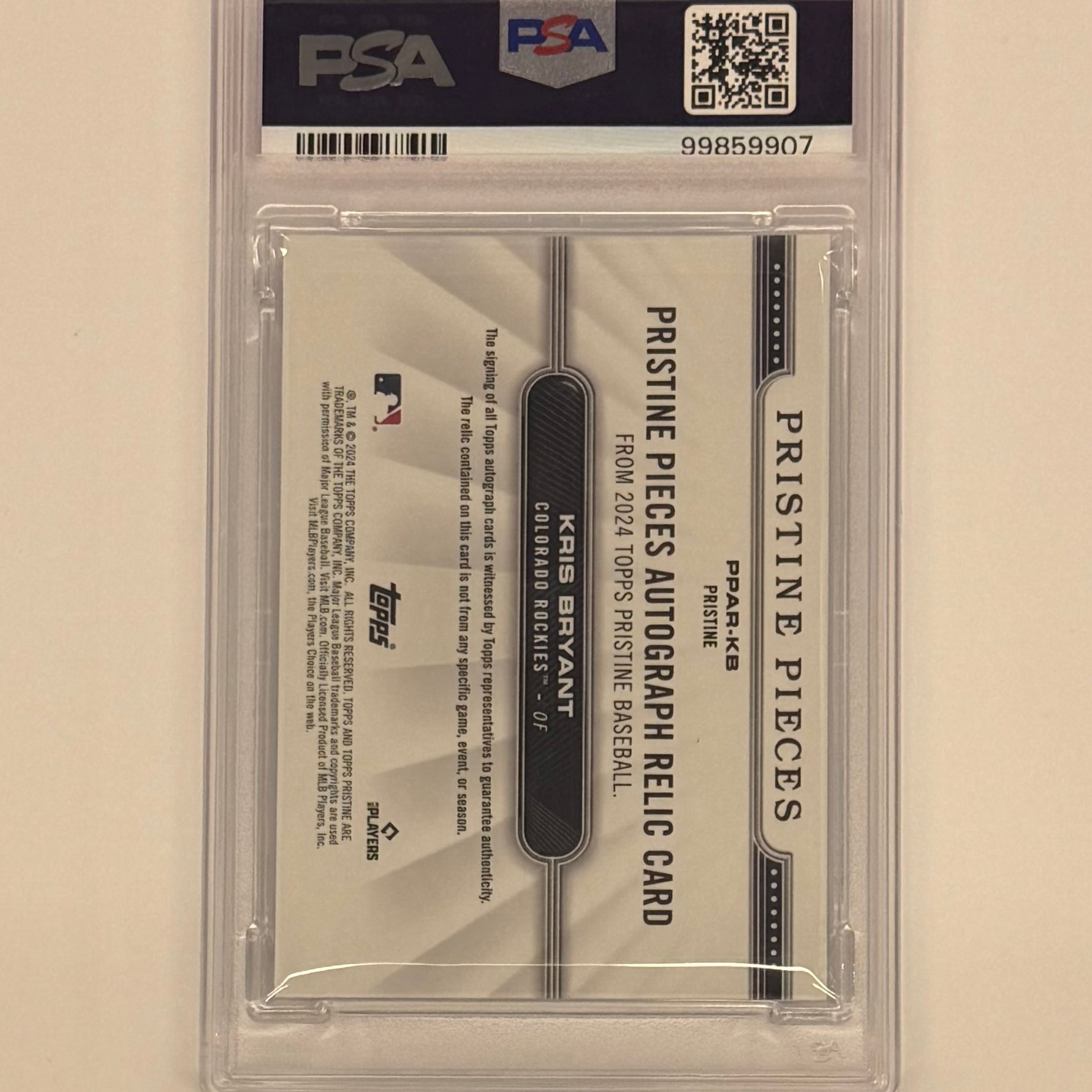 2024 Topps Pristine PSA 10 GEM MT Kris Bryant Pieces Auto Relic Card #PPAR-KB Numbered 15/99