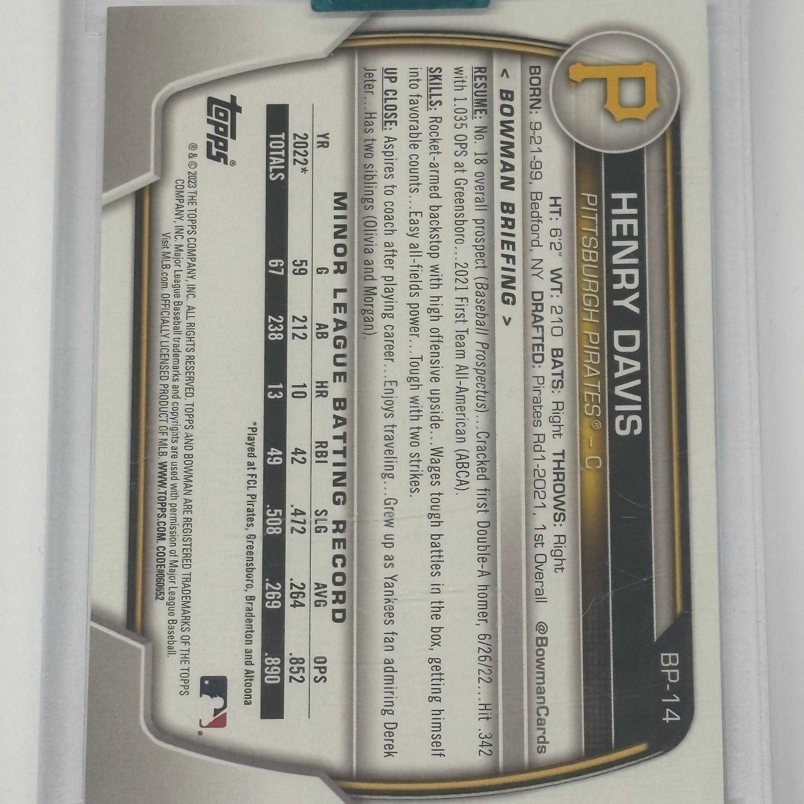2024 Topps Archives Signature Series Henry Davis Certified Autograph #BP-14 Numbered 26/67