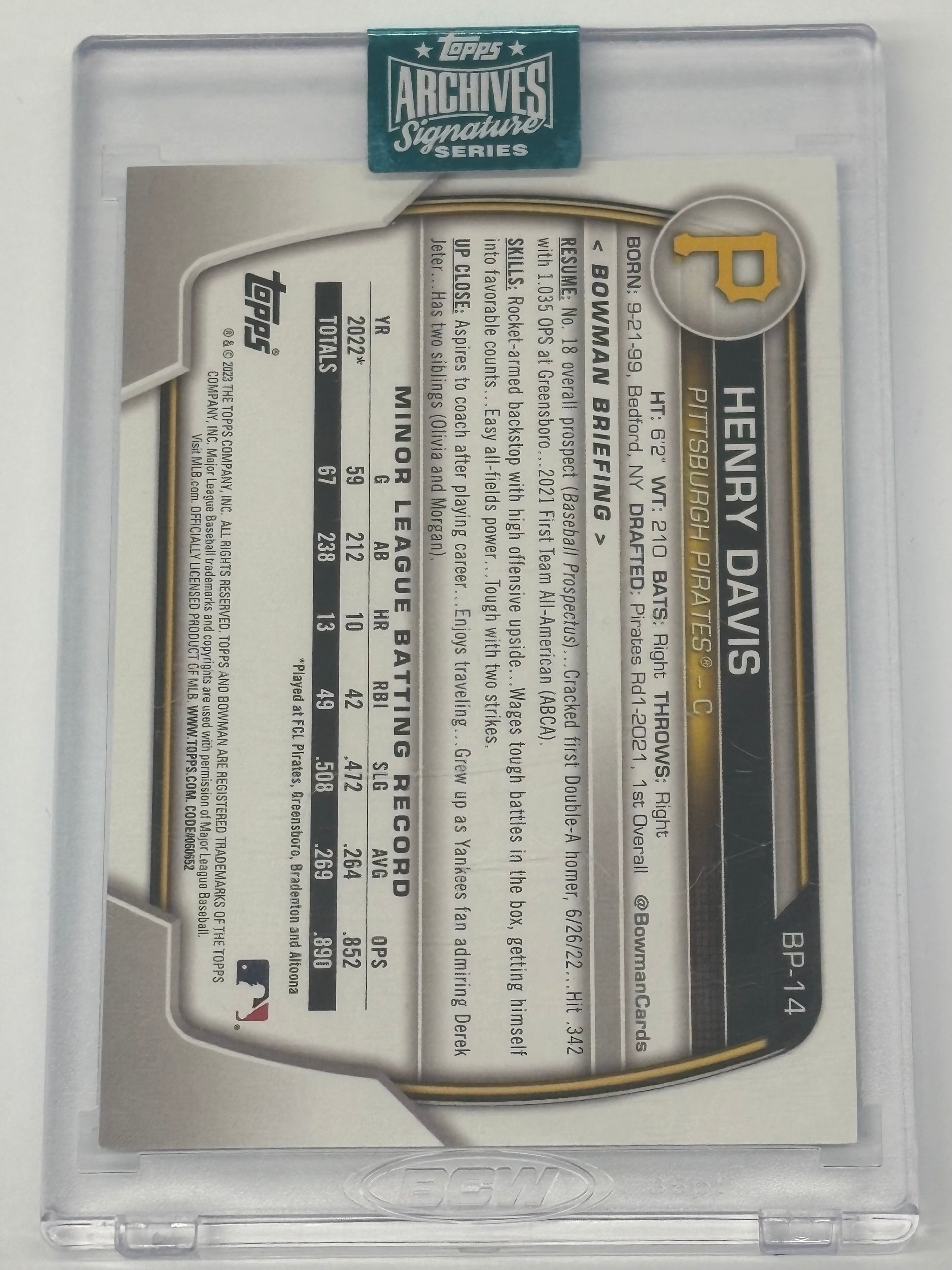 2024 Topps Archives Signature Series Henry Davis Certified Autograph #BP-14 Numbered 26/67