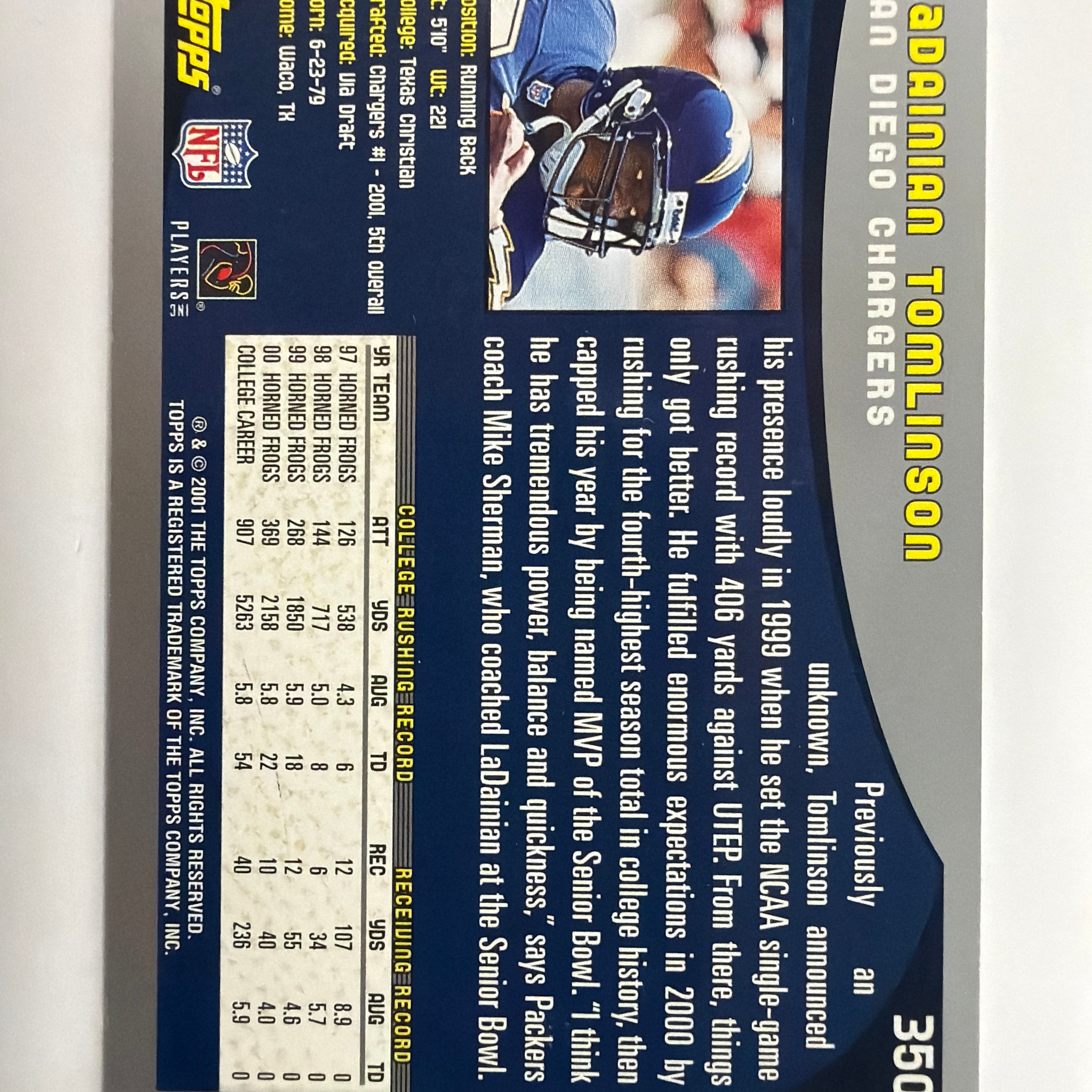 2001 Topps Football LaDaninisn Tomlinson Rookie Card #350