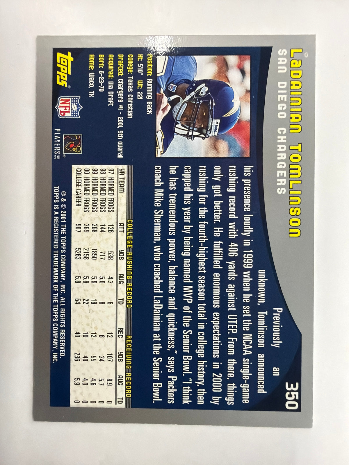 2001 Topps Football LaDaninisn Tomlinson Rookie Card #350