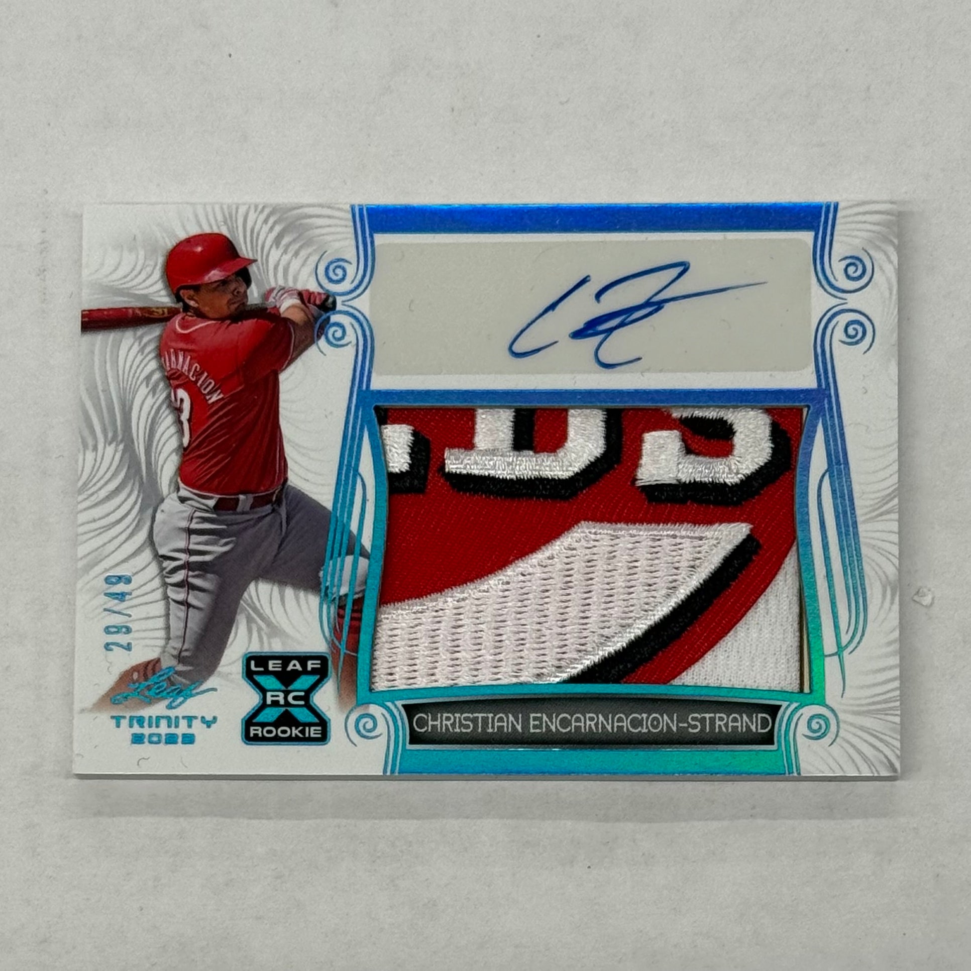 2023 Leaf Christian Encarnacion-Strand Patch Autograph Card #PA-CES Aqua Numbered 29/49
