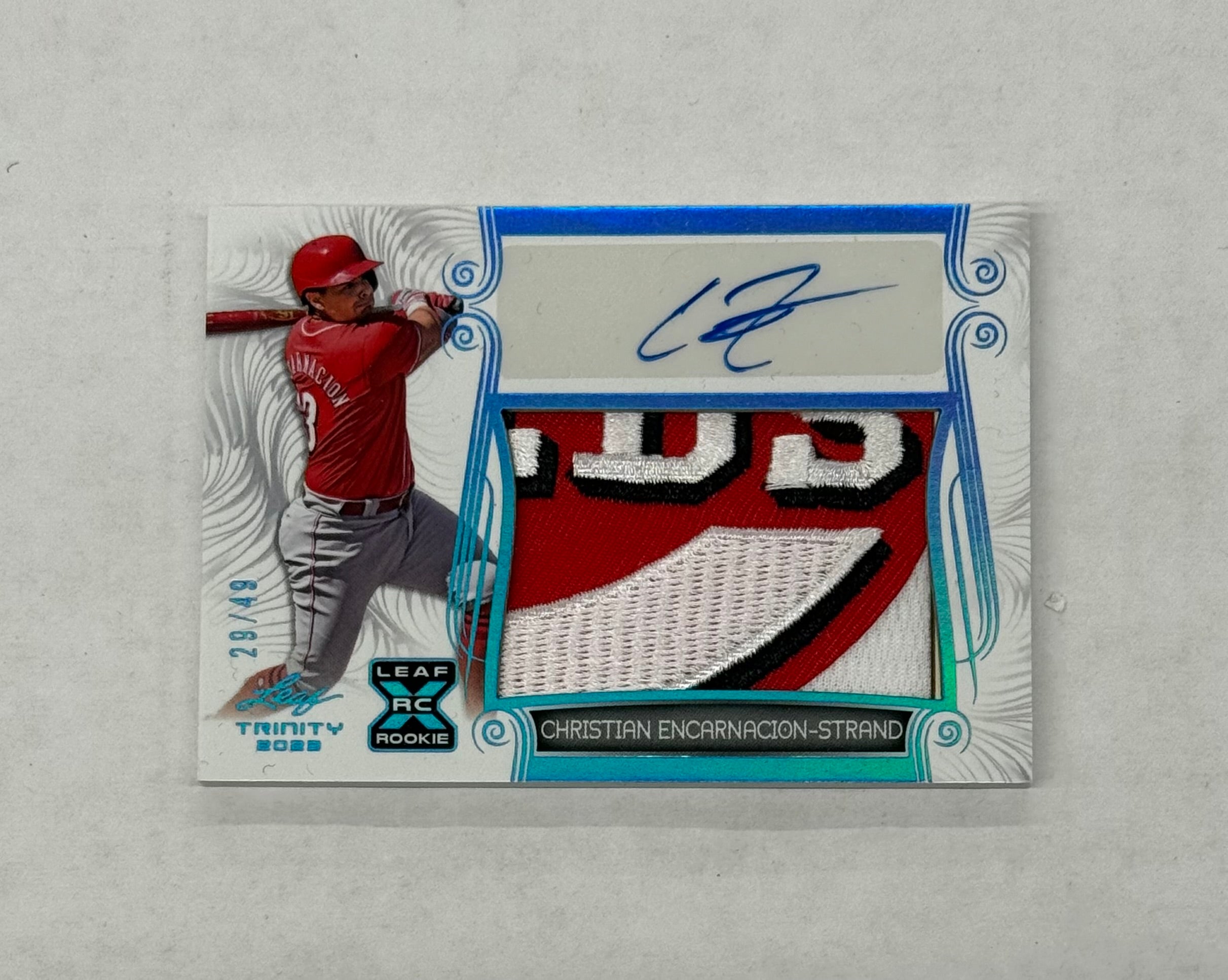 2023 Leaf Christian Encarnacion-Strand Patch Autograph Card #PA-CES Aqua Numbered 29/49