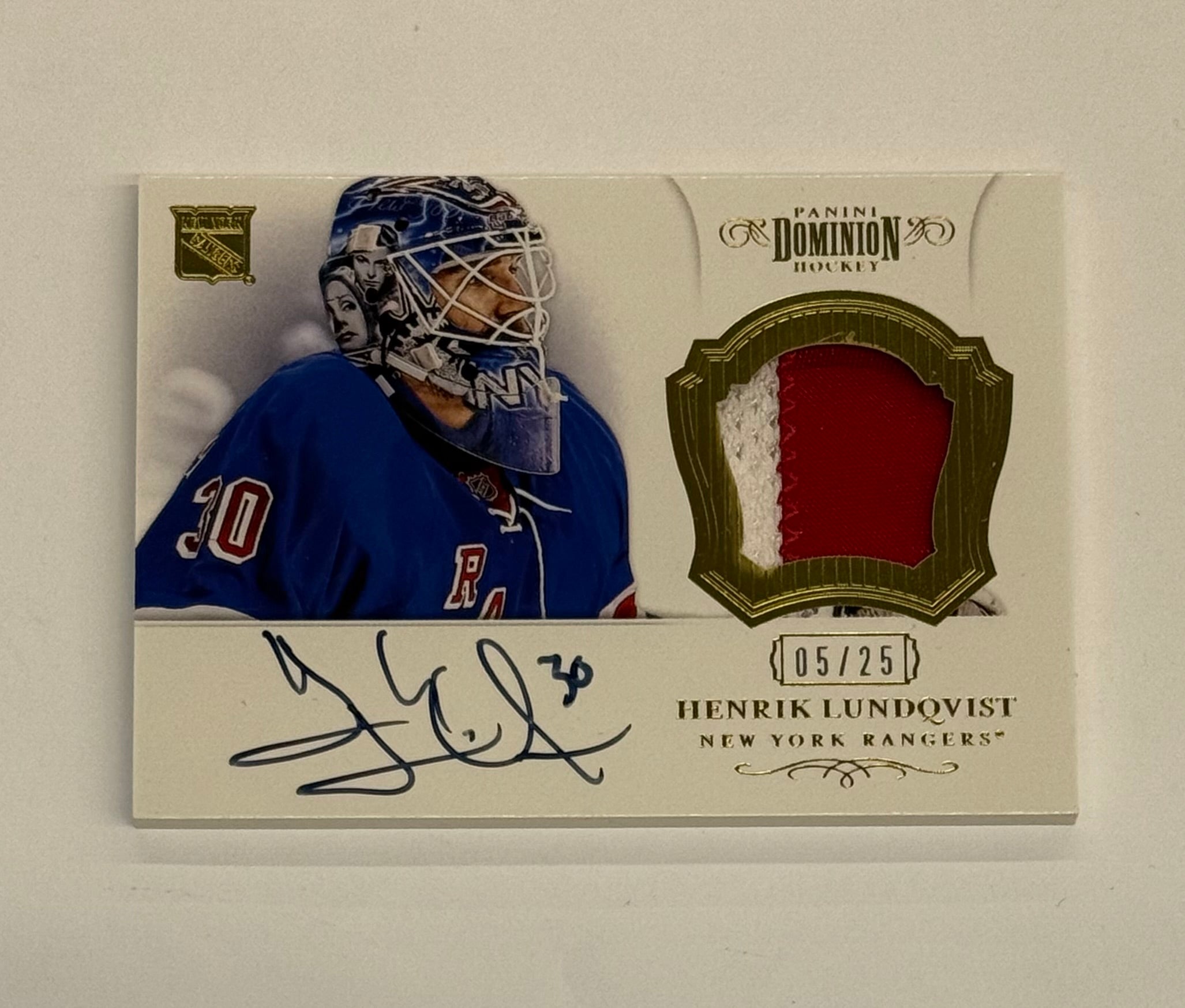 2012-13 Panini Dominion Hockey Henrik Lundqvist Patch Autograph Card #32 Gold Numbered 05/25