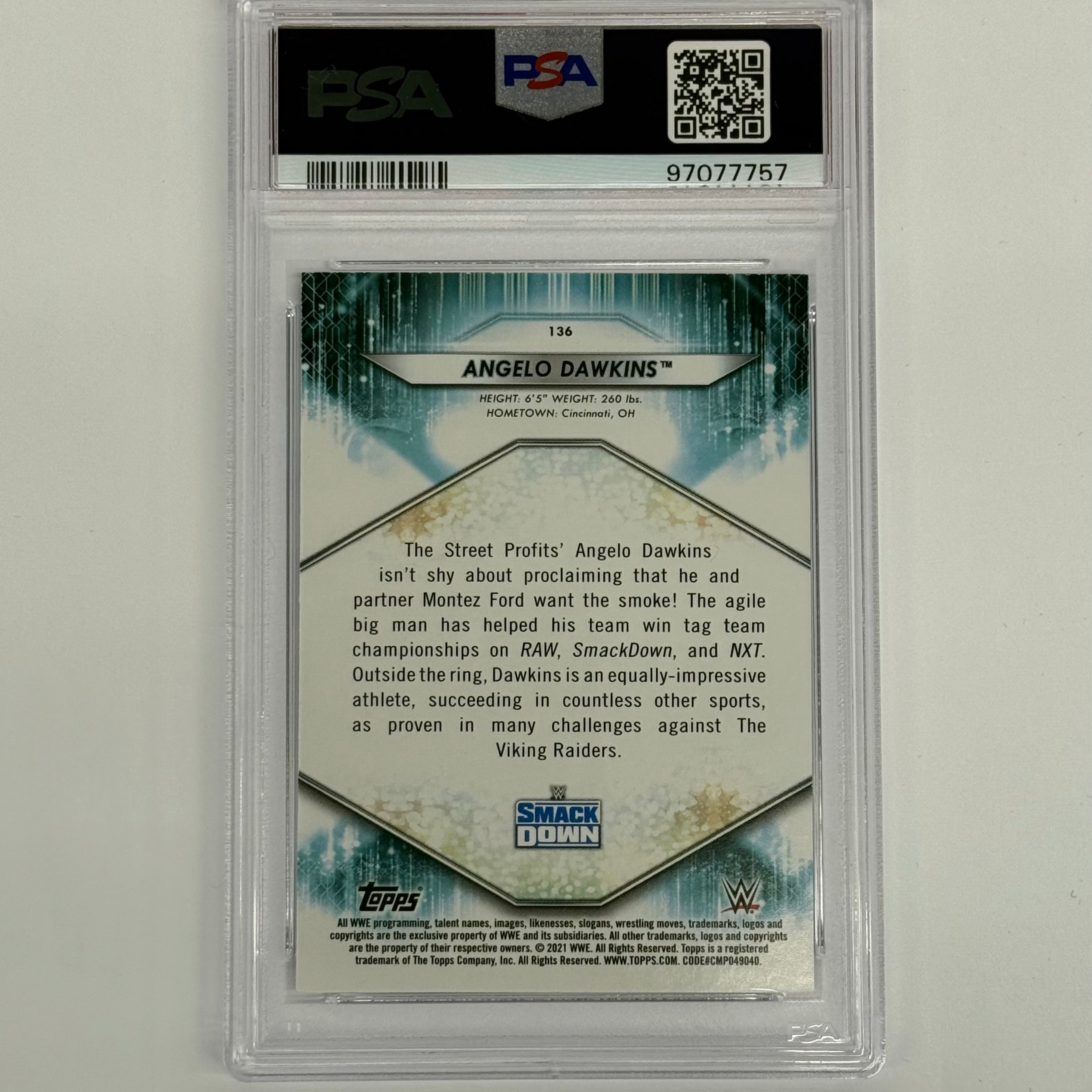 2021 Topps WWE PSA 9 MINT Angelo Dawkins #136 Black Numbered 2/5