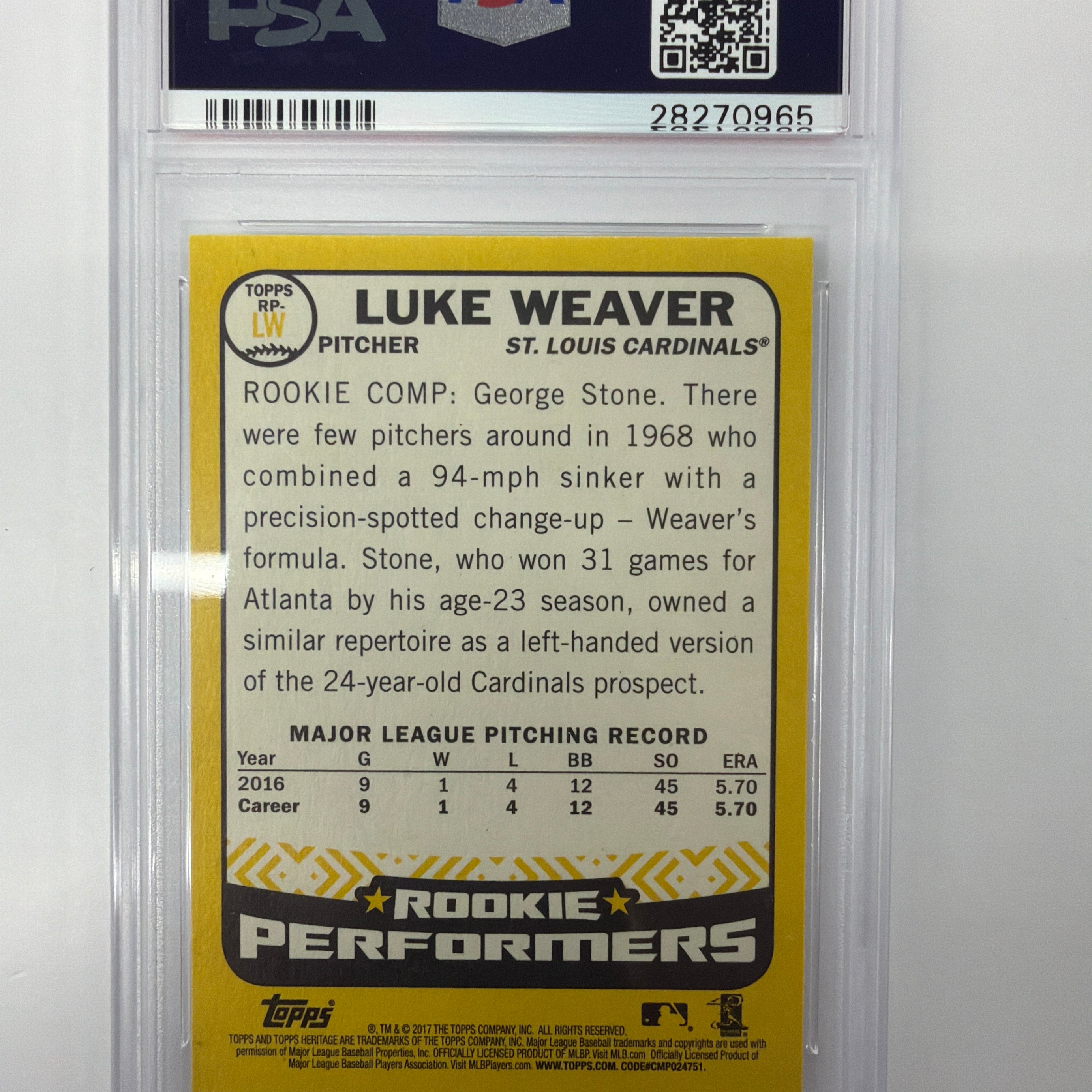 PSA Mint 9 2017 Topps Heritage Rookie Performers Luke Weaver RP-LW