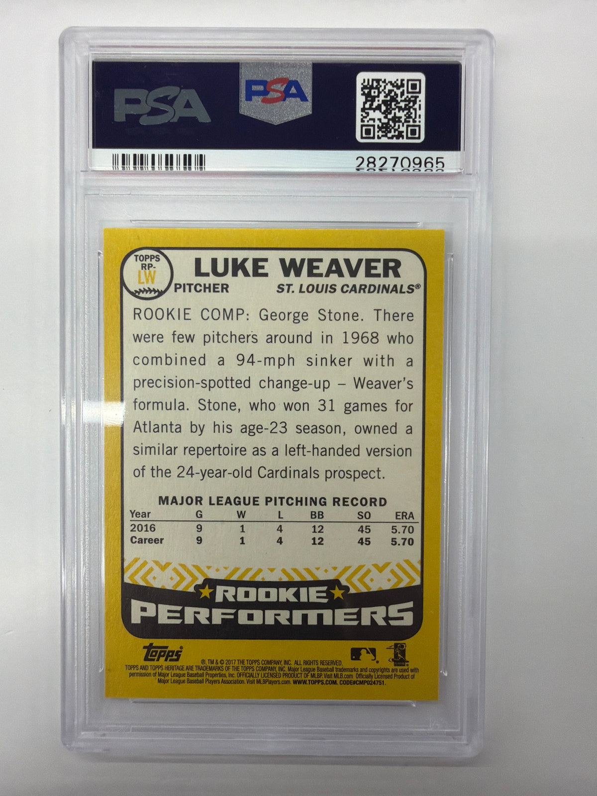 PSA Mint 9 2017 Topps Heritage Rookie Performers Luke Weaver RP-LW