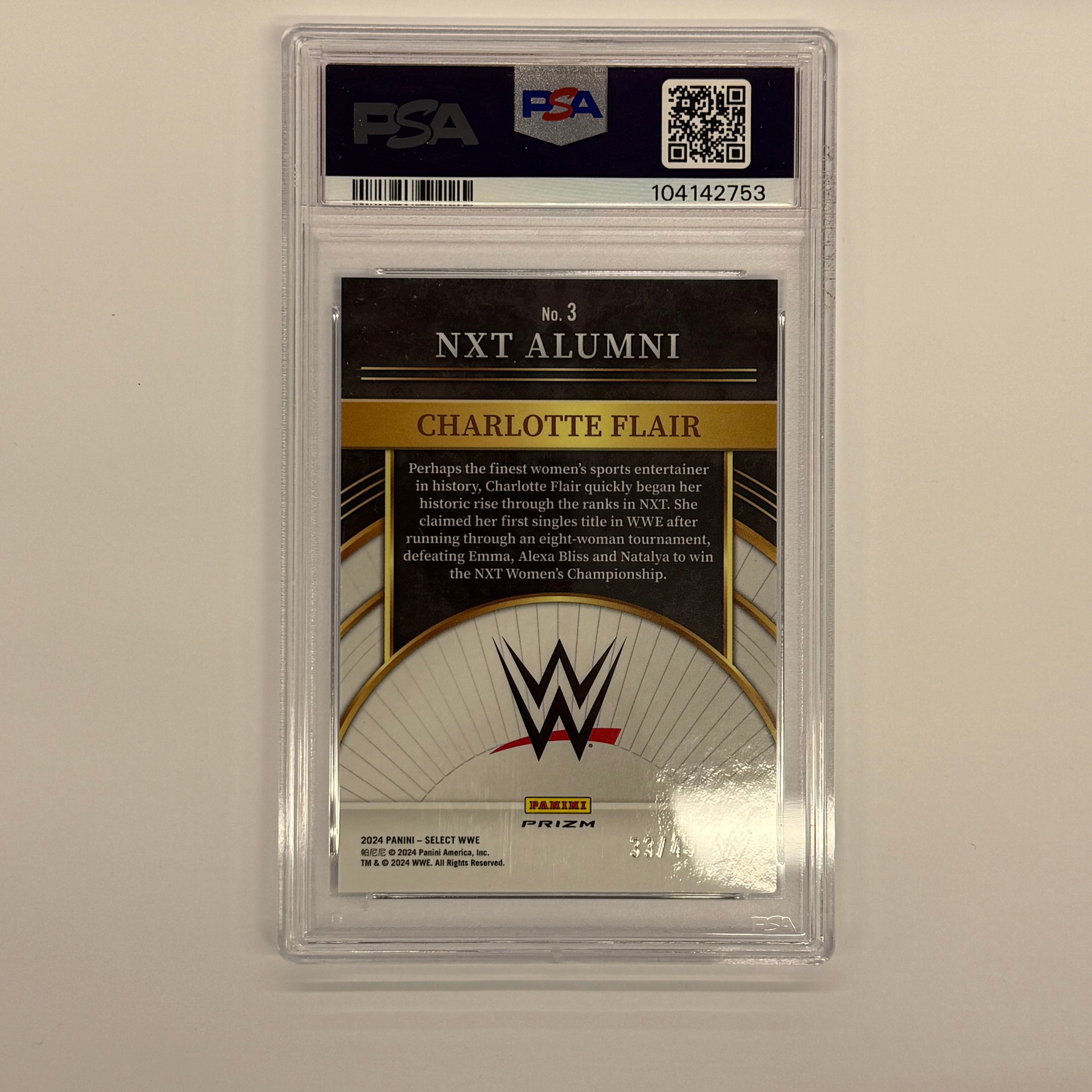 2024 Panini Select WWE PSA 10 GEM MT Charlotte Flair NXT Alumni #3 Blue Prizm Numbered 33/49