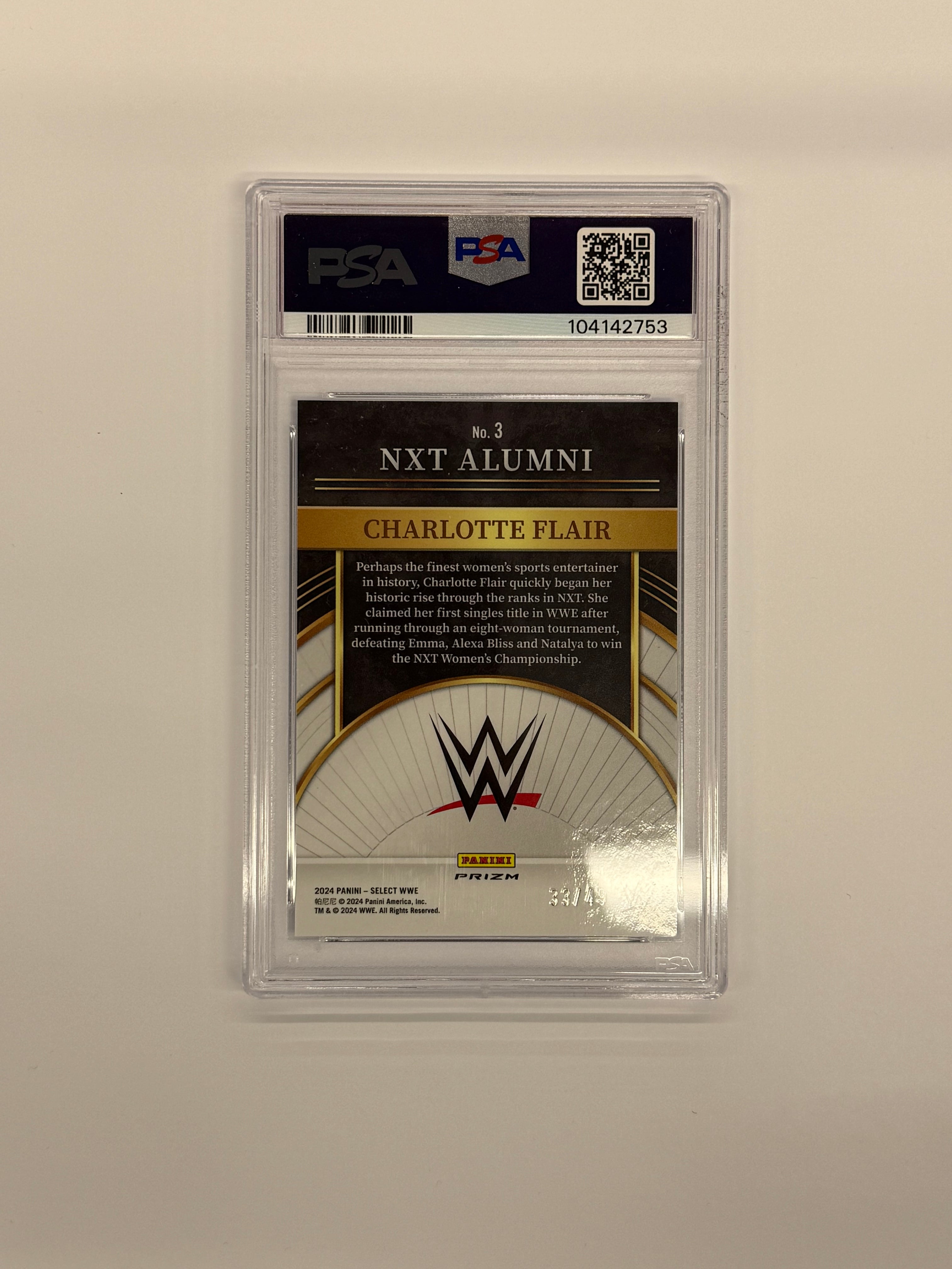 2024 Panini Select WWE PSA 10 GEM MT Charlotte Flair NXT Alumni #3 Blue Prizm Numbered 33/49