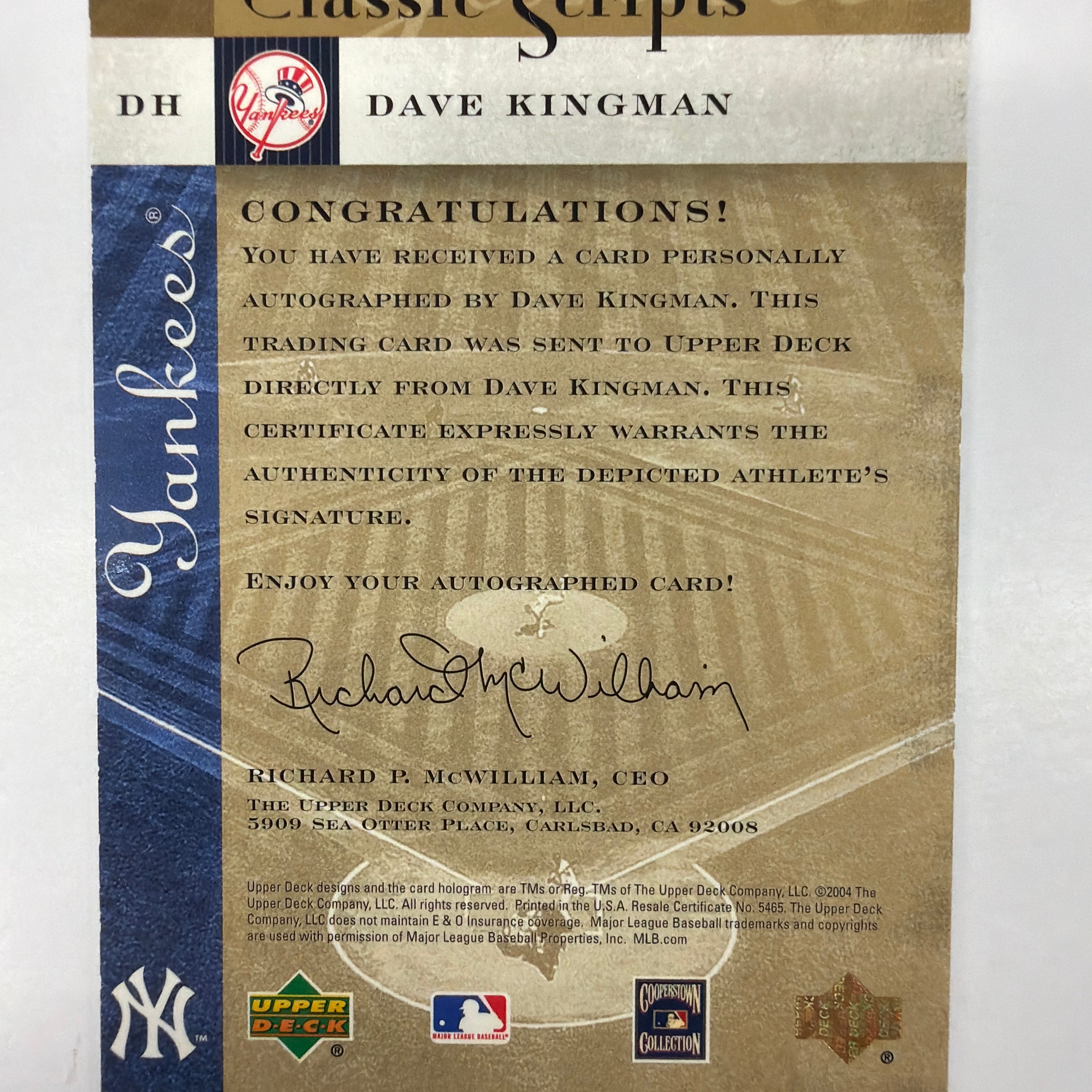 2004 Upper Deck Classic Scripts Dave Kingman Autograph AU-9