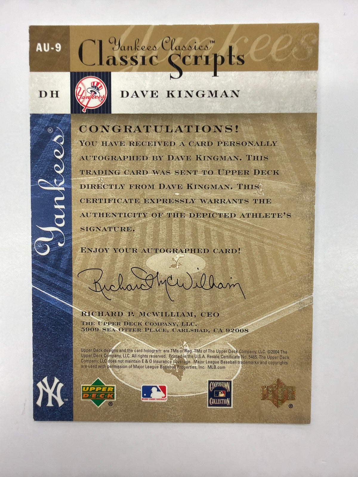 2004 Upper Deck Classic Scripts Dave Kingman Autograph AU-9