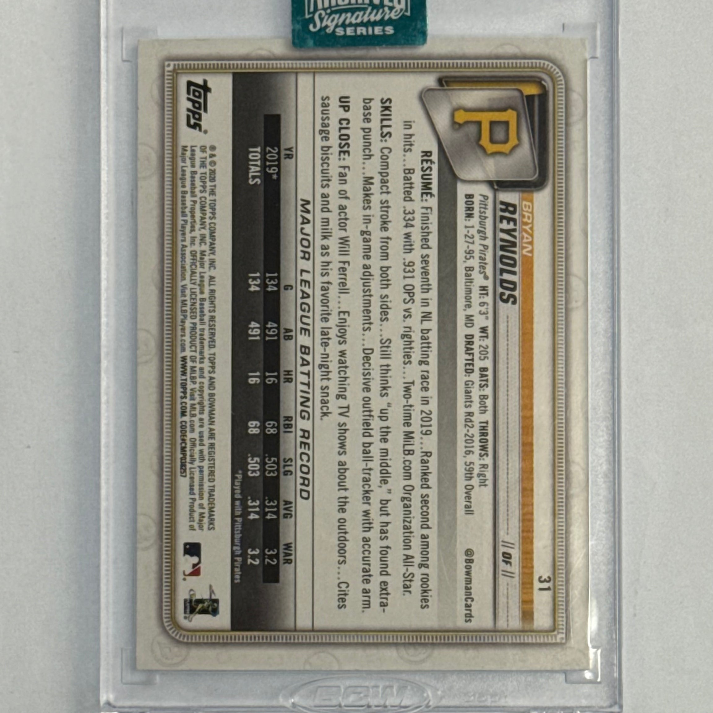 2024 Topps Archives Signature Series Bryan Reynolds Certified Autograph #31 Numbered 23/99