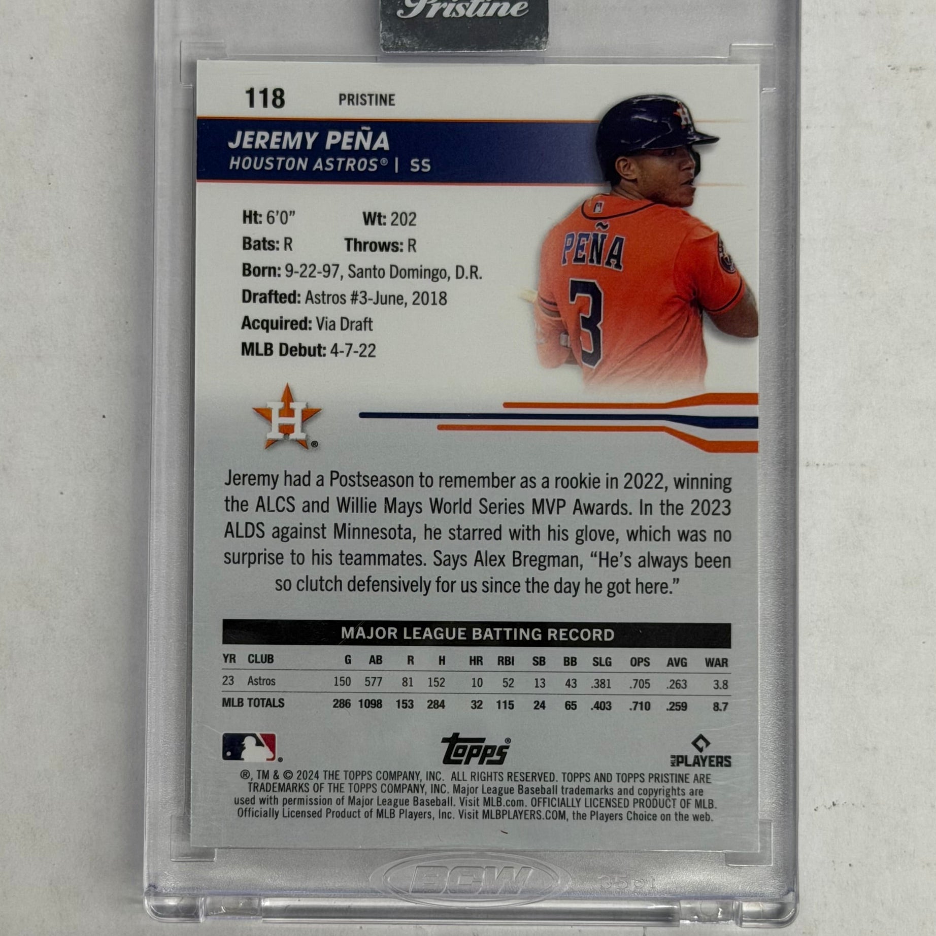 2024 Topps Pristine Baseball Jeremy Pena #118 Purple Refractor Numbered 29/99