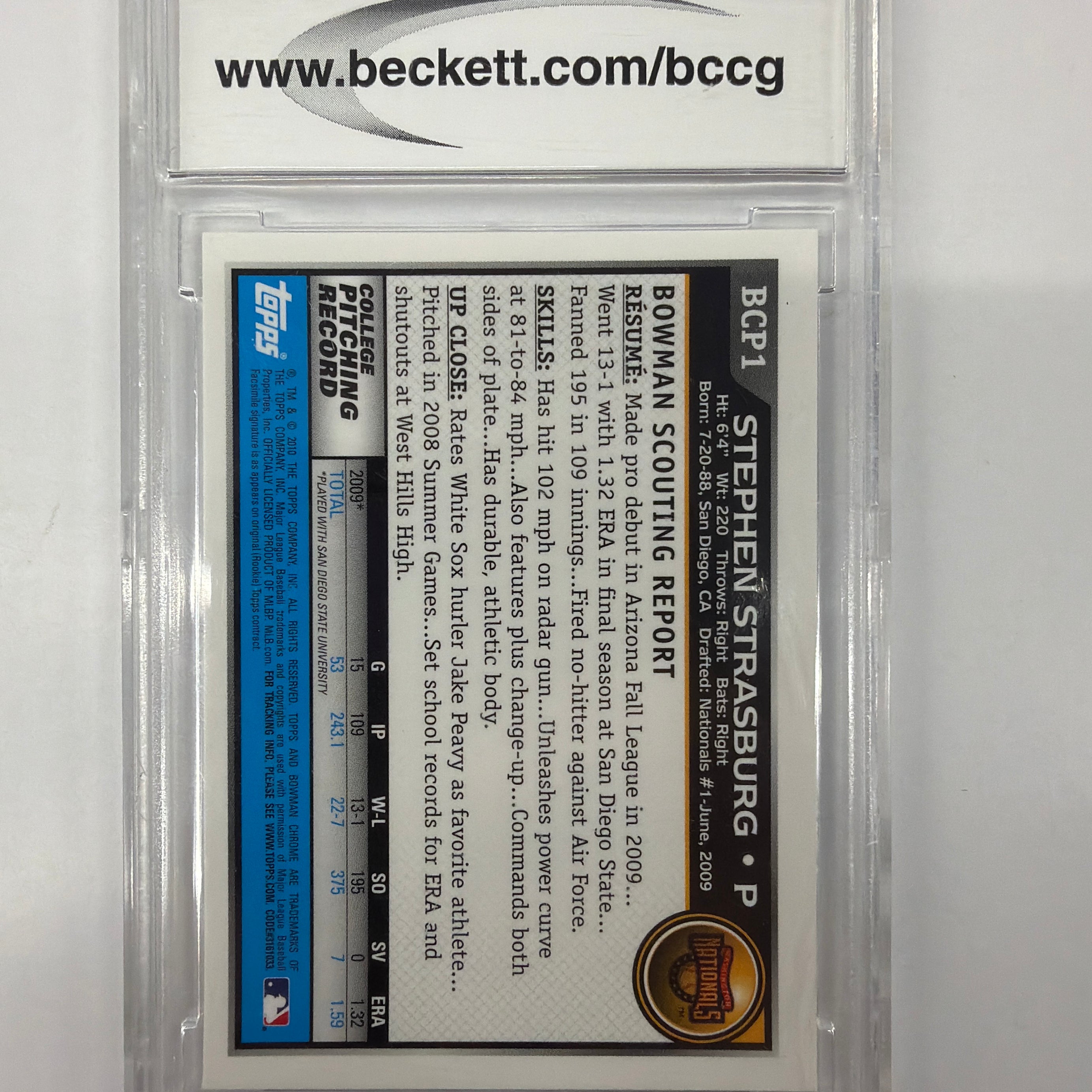 BCCG Mint or Better 10 2010 Topps Bowman Chrome Stephen Strasburg BCP1