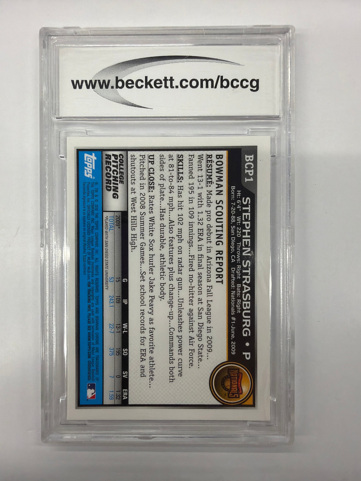 BCCG Mint or Better 10 2010 Topps Bowman Chrome Stephen Strasburg BCP1