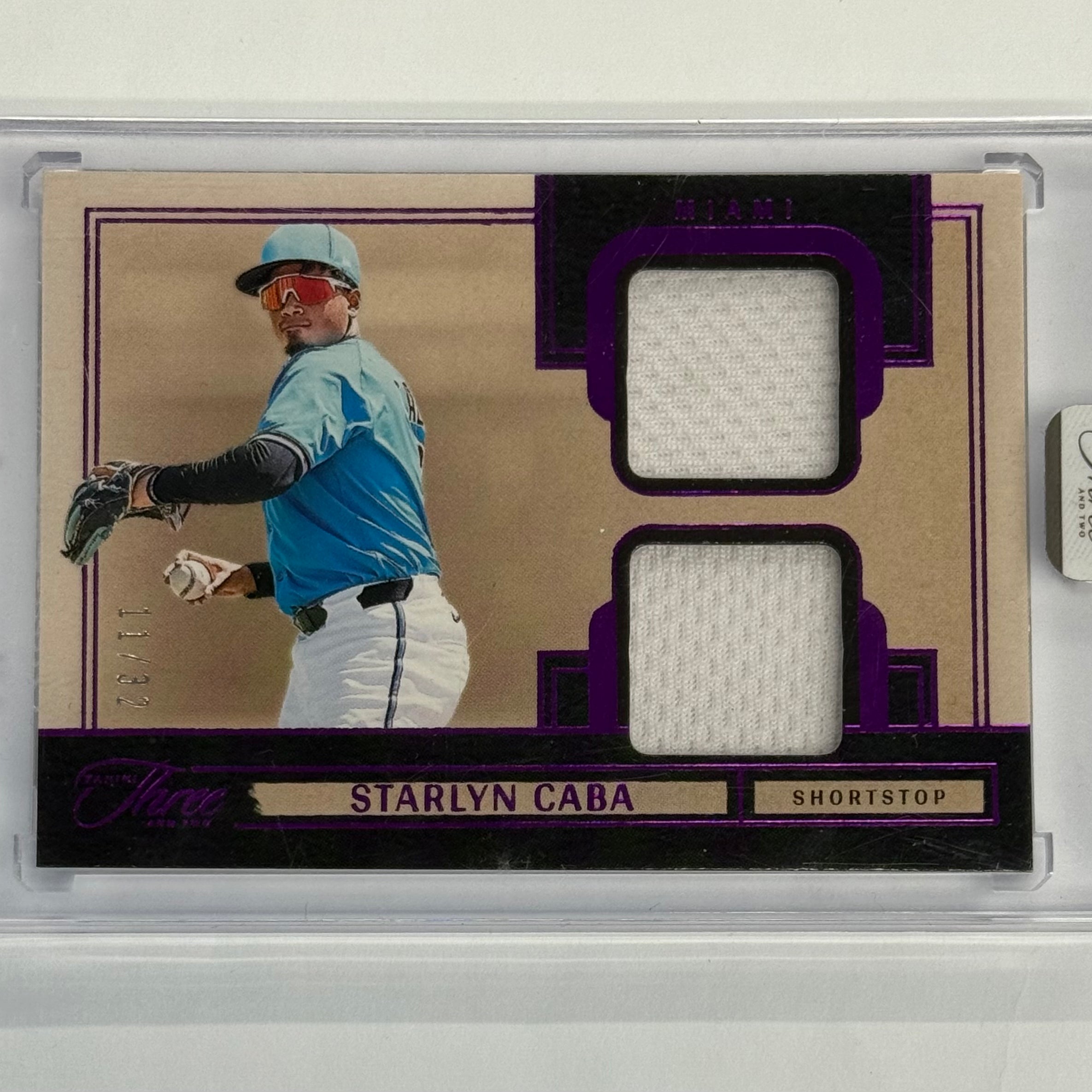 2025 Panini Three And Two Starlyn Caba Prospect Dual Jerseys #PDJ-SC Purple Numbered 11/32