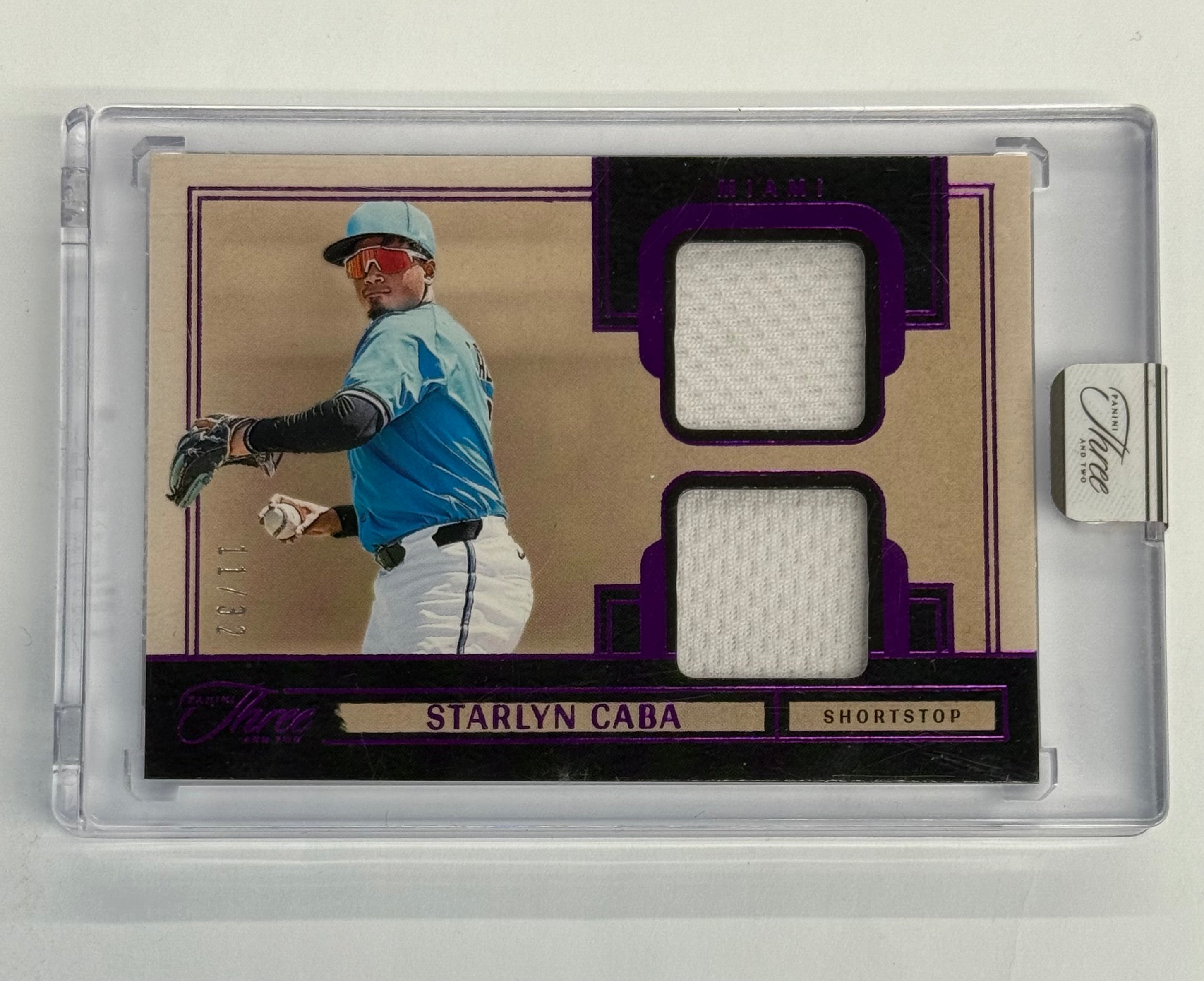 2025 Panini Three And Two Starlyn Caba Prospect Dual Jerseys #PDJ-SC Purple Numbered 11/32