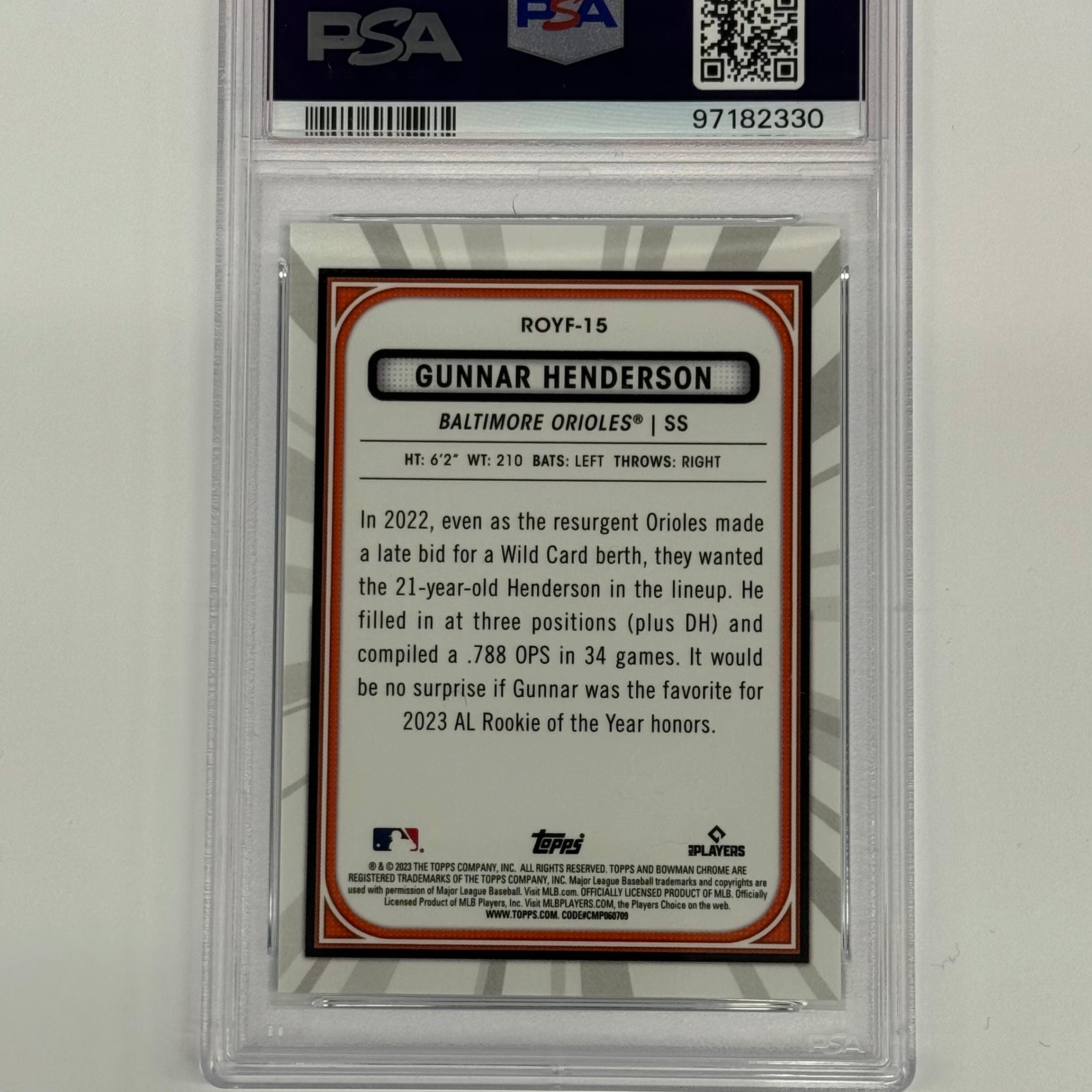 2023 Bowman PSA 10 GEM MT Gunnar Henderson ROY Favories #ROYF-15 Aqua Numbered 011/125