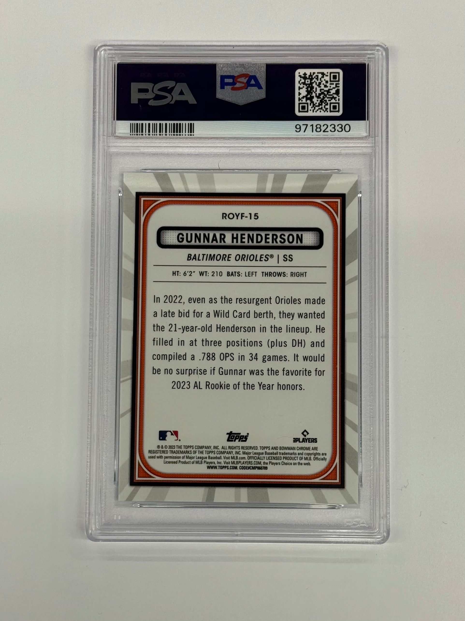 2023 Bowman PSA 10 GEM MT Gunnar Henderson ROY Favories #ROYF-15 Aqua Numbered 011/125