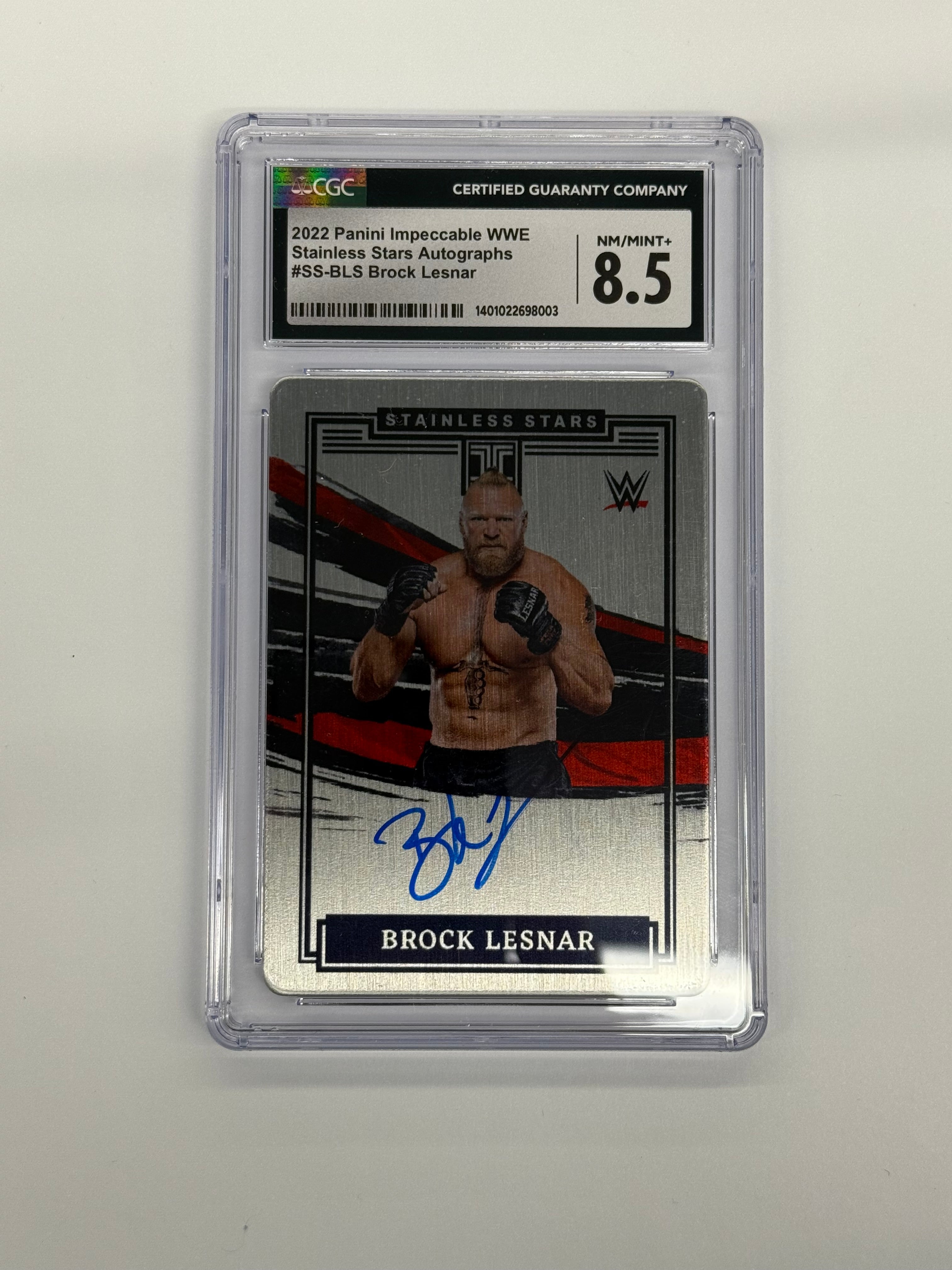 2022 Panini Impeccable WWE CGC 8.5 NM/MINT+ Stainless Stars Autographs Brock Lesnar #SS-BLS Numbered 82 of 99