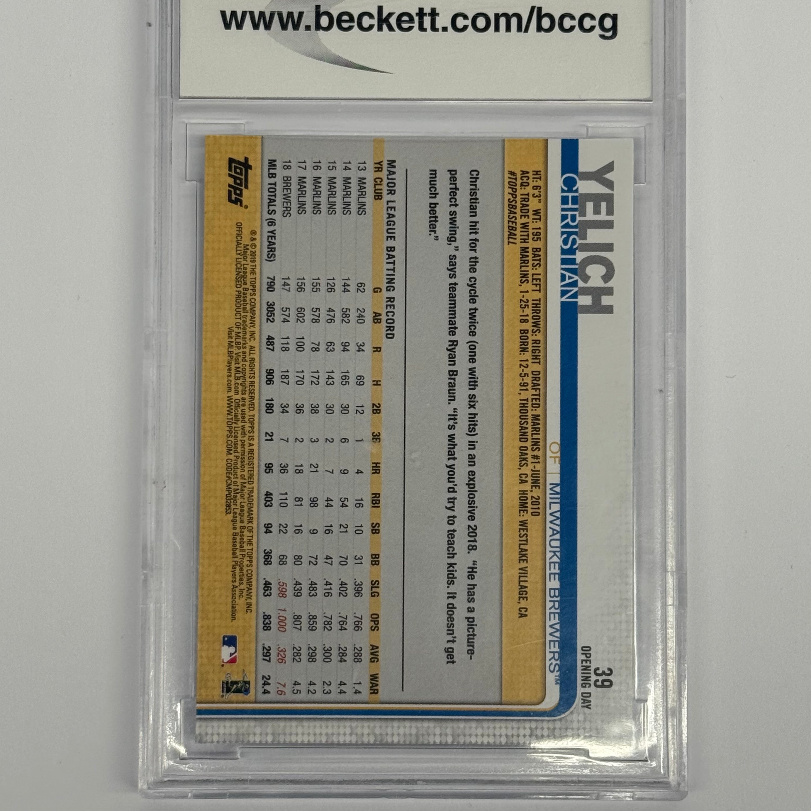 2019 Topps Opening Day BCCG 10 Mint Or Better Christian Yelich #39 Purple Foil
