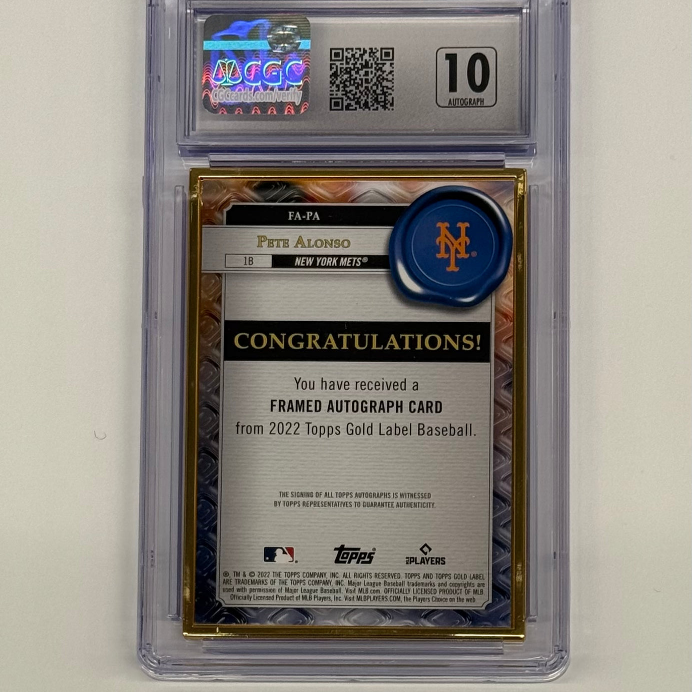 2022 Topps Gold Label CGC 9.5 Mint+/ 10 Autograph Pete Alonso Framed Autograph Card #FA-PA