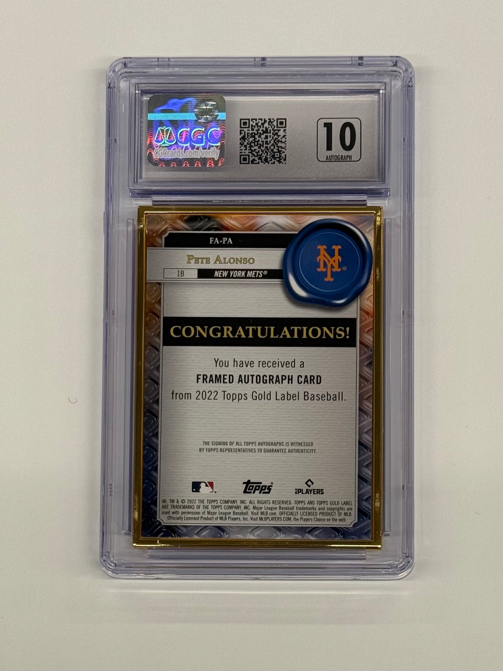 2022 Topps Gold Label CGC 9.5 Mint+/ 10 Autograph Pete Alonso Framed Autograph Card #FA-PA