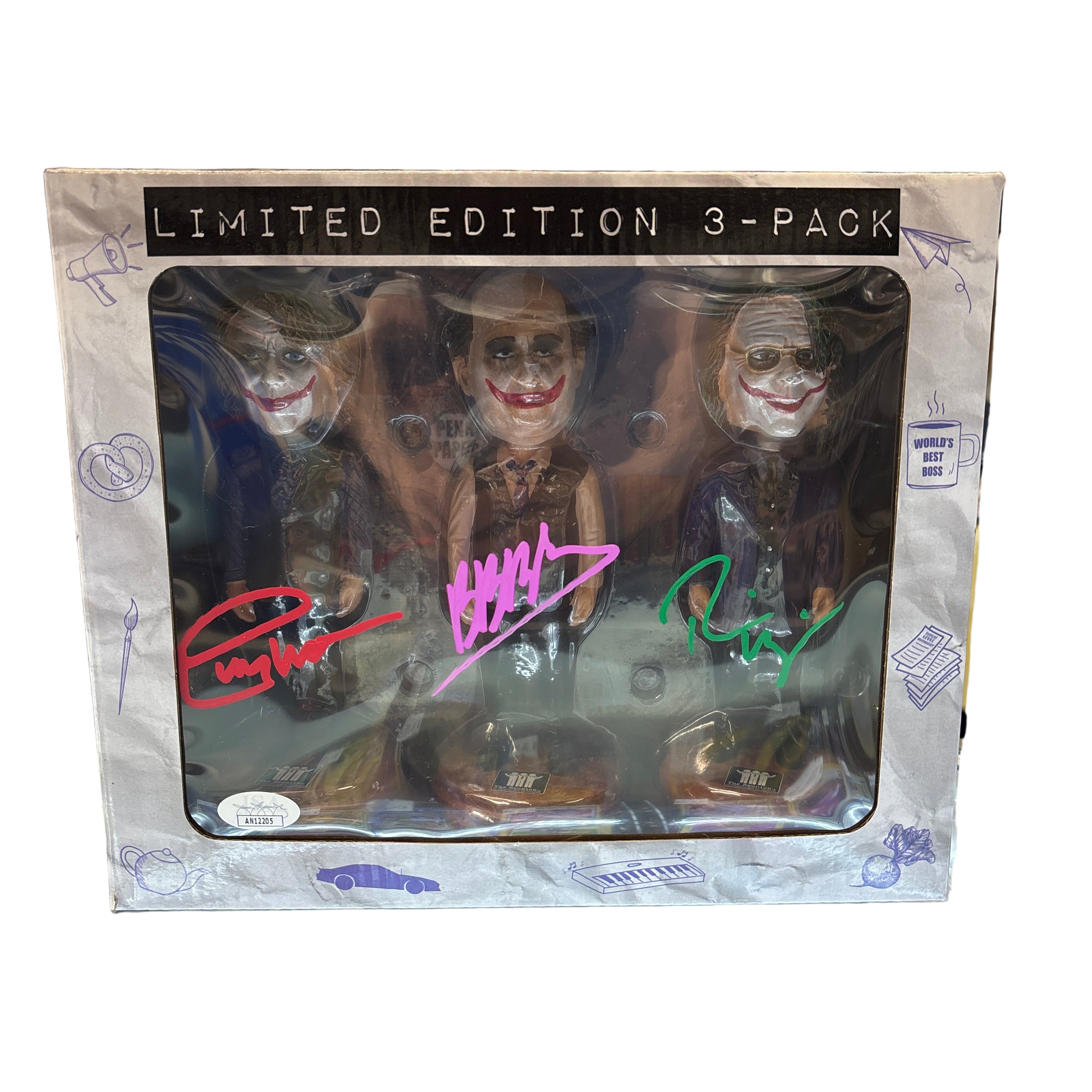 SIGNED The Office Reunion Exclusive Limited Edition Jokers 3 Pack Bobble Heads by Brian Baumgartner Creed Bratton and Rainn Wilson