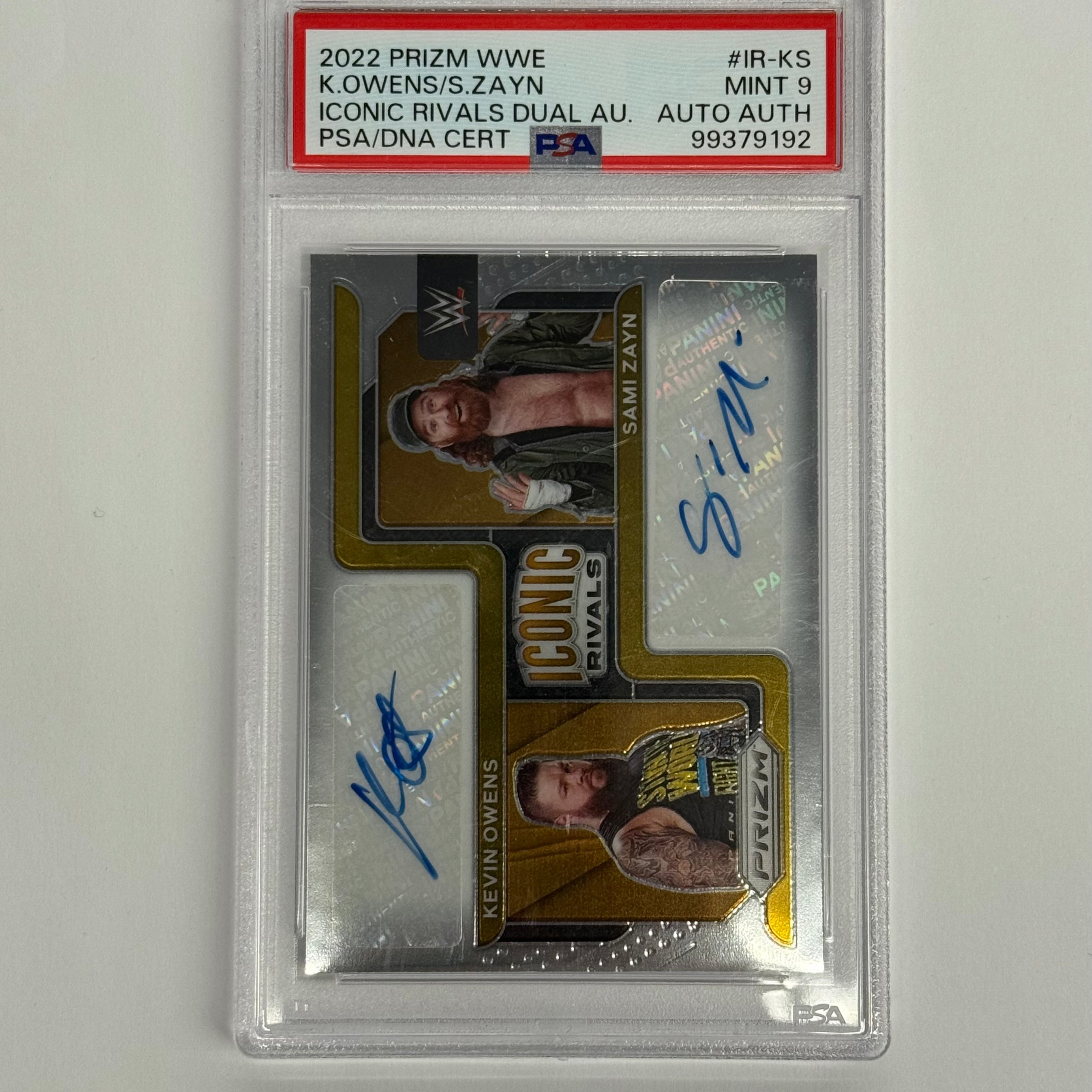 2022 Panini Prizm WWE PSA 9 MINT Kevin Owens/Sami Zayn Iconic Rivals Dual Autographs #IR-KS Gold Numbered 18/25
