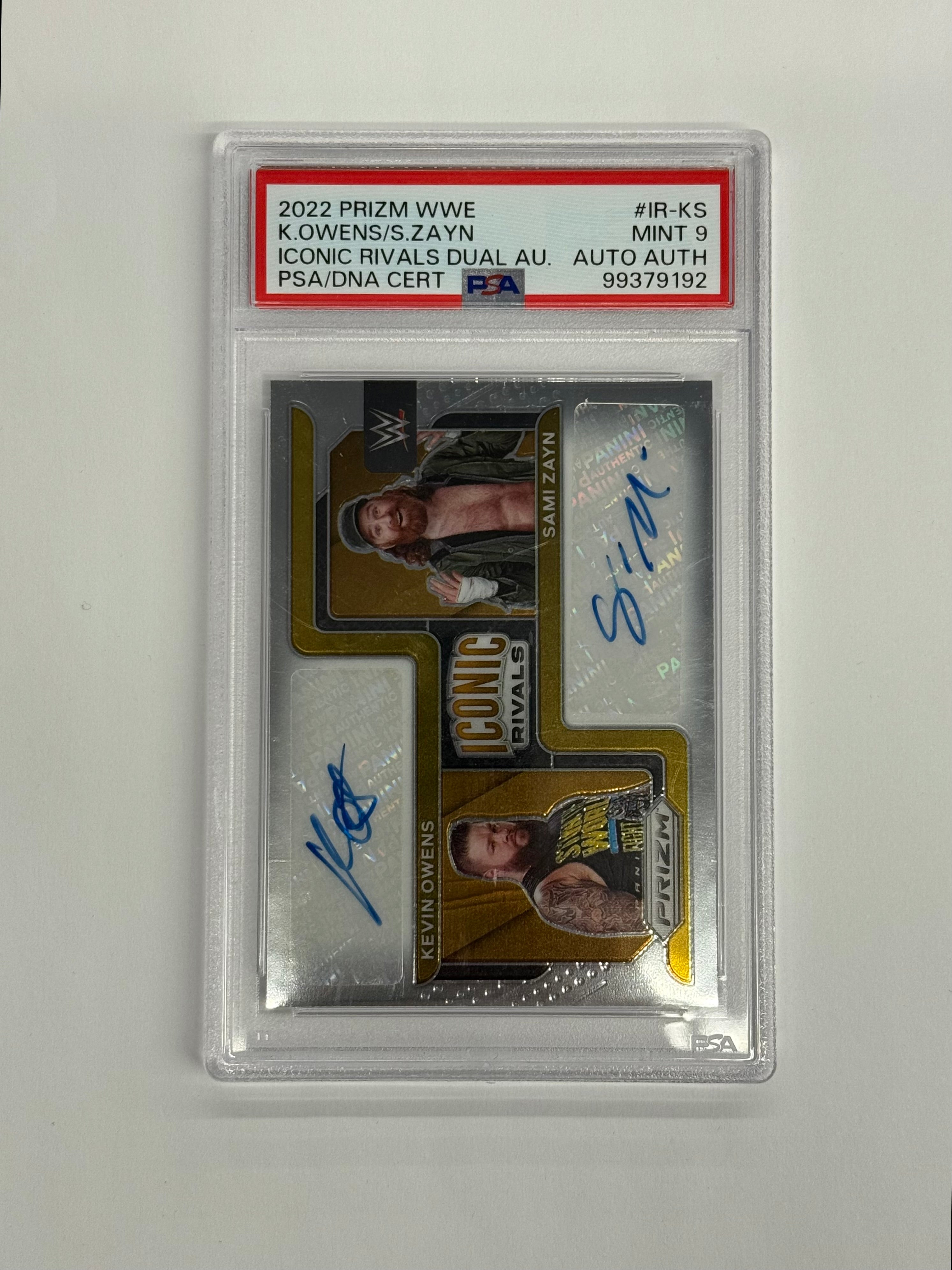 2022 Panini Prizm WWE PSA 9 MINT Kevin Owens/Sami Zayn Iconic Rivals Dual Autographs #IR-KS Gold Numbered 18/25