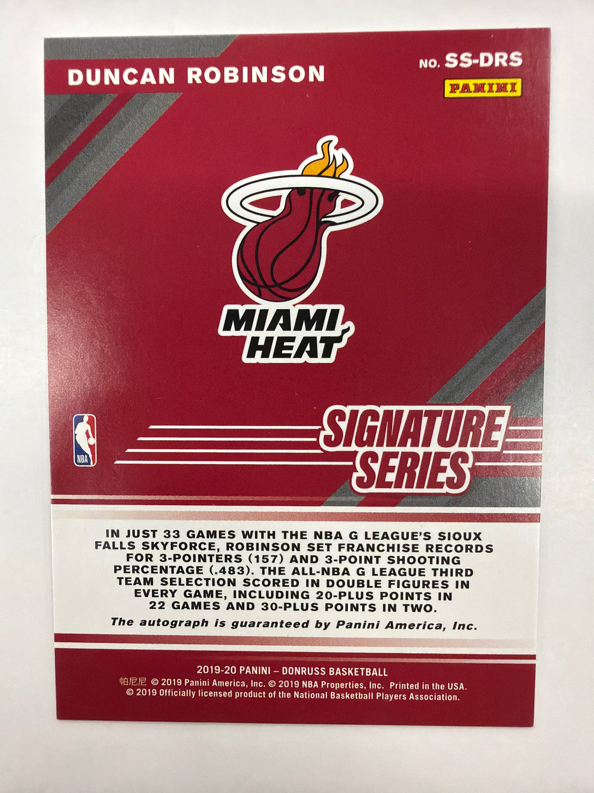 2019 Panini Donruss Basketball Signature Series Duncan Robinson No. SS-DRS