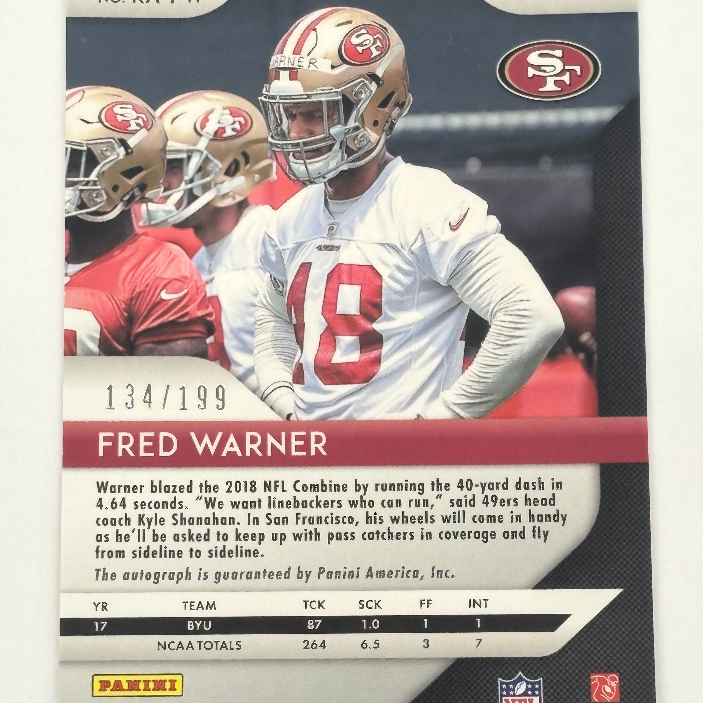 2018 Panini Prizm Fred Warner Autograph #RA-FW Red Wave Prizm Numbered 134/199