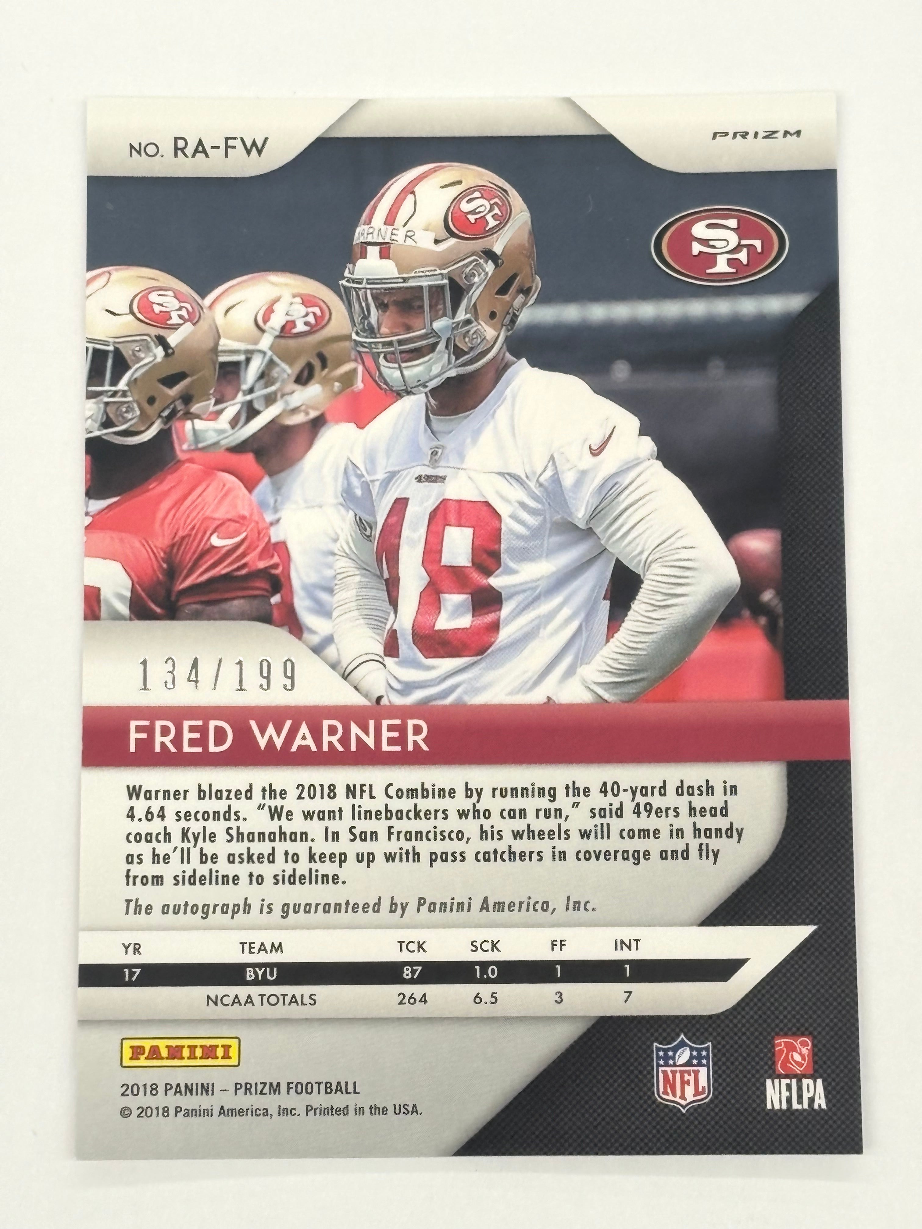 2018 Panini Prizm Fred Warner Autograph #RA-FW Red Wave Prizm Numbered 134/199