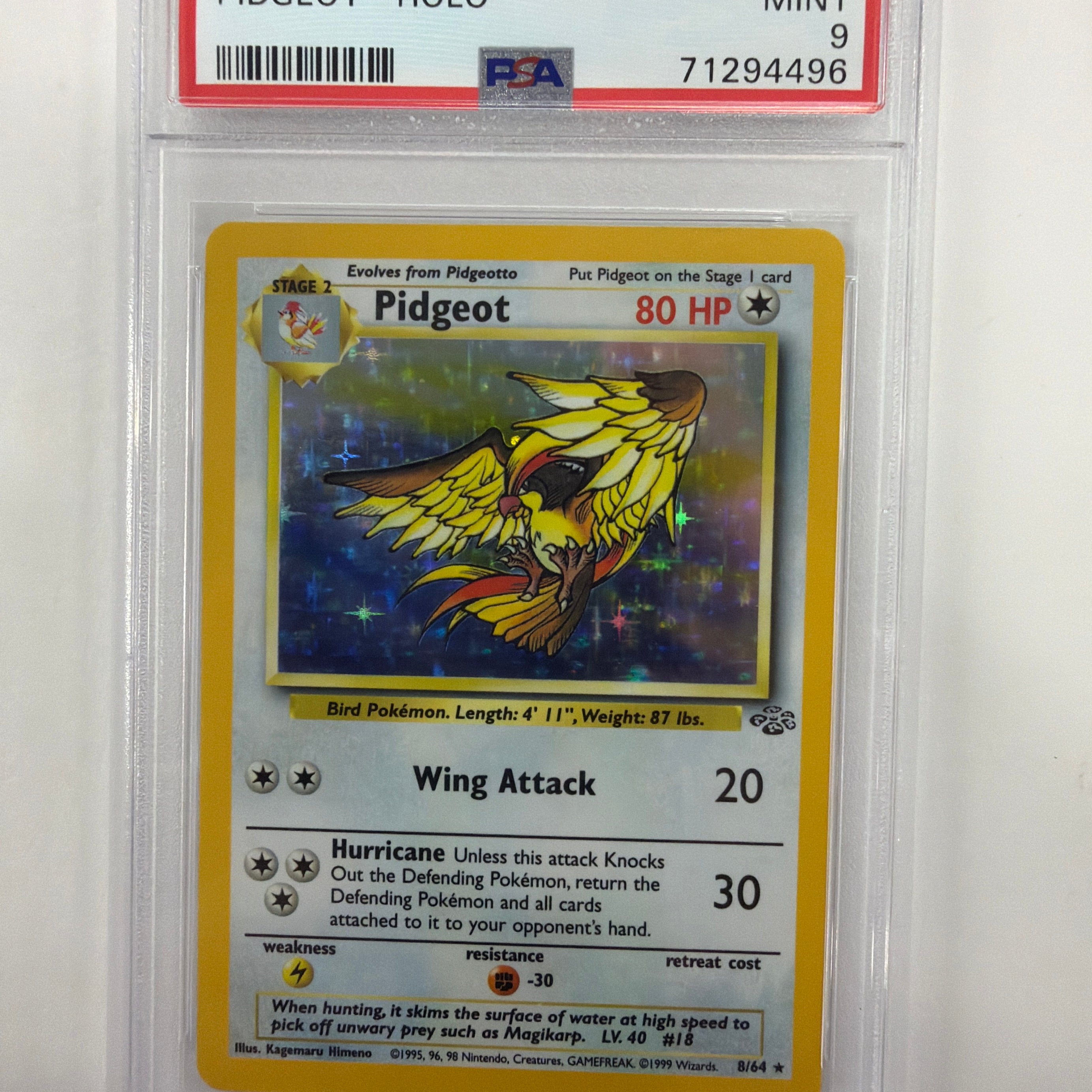 Pokémon TCG - PSA Mint 9 Jungle Unlimited Pidgeot 8/64 Holo